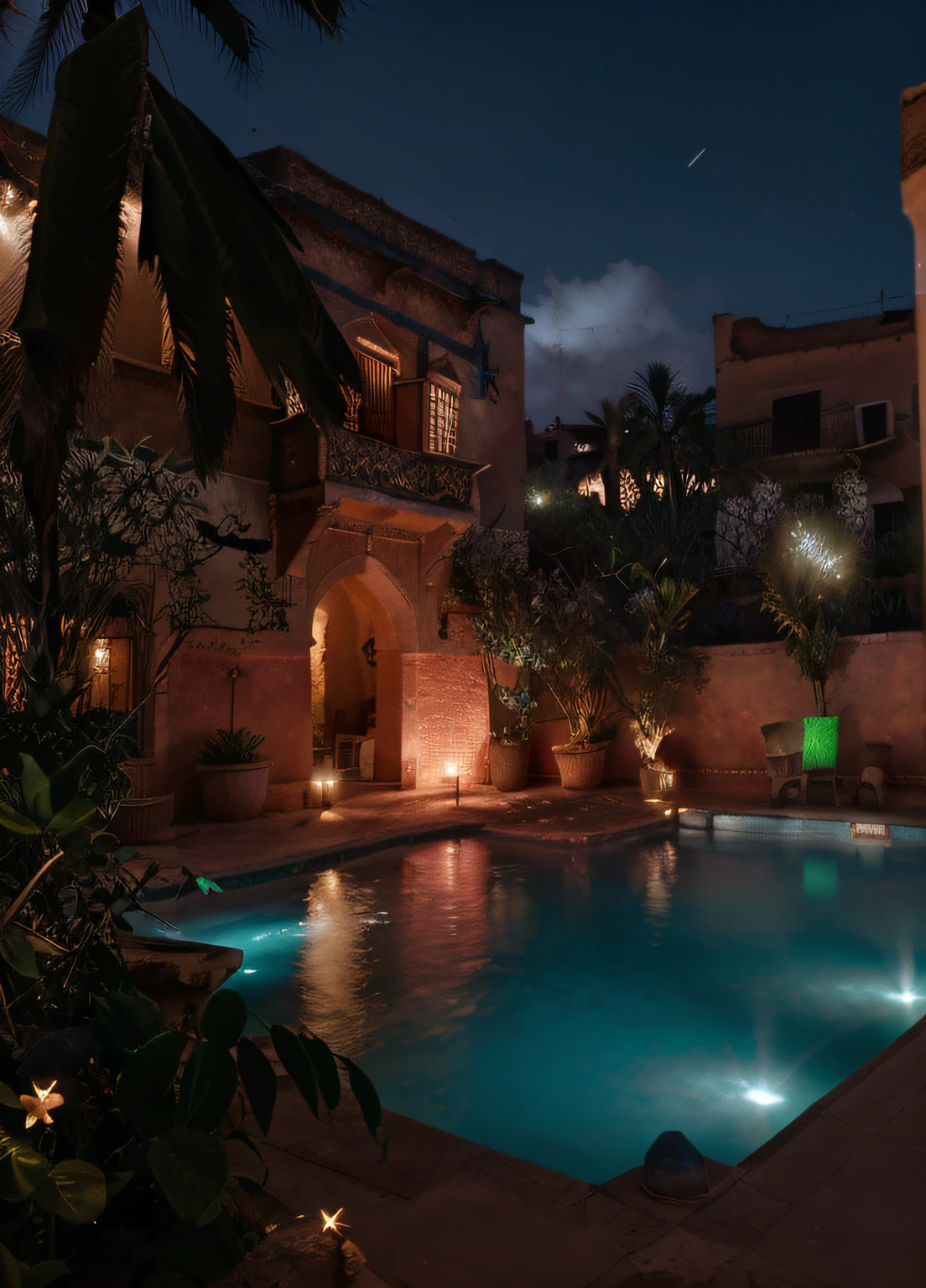 masterpiece, best quality, ultra high res, RAW, ((Riad)), ((riad pool)), riad fountain, Marrakech, moroccan candle holders, safi pottery, palm trees, opalescent, (Photoluminescence lights), gems, ((glowing flowers)), fantasy, clear, Cinematic RAW photo, hyper real photo, ultrarealistic, 8k uhd, dslr, soft lighting, high quality, film grain, Fujifilm XT3, photographed on a Kodak Retina II Sanyo Xacti VPC-CA6, 50mm lens, Wide Angle, HDR, hyper-realistic, colorgraded, volumetric lighting, [volumetric fog, moist], shallow depth of field, reflections, photo, (sparkling) splashing, glistening, (iridescent), glowing, glimmering, crystals, mystical, enchanting, glittering, Morocco, exotic, (masterpiece) (best quality) (detailed) (8k) (HDR) (wallpaper) (cinematic lighting) (sharp focus) (intricate)