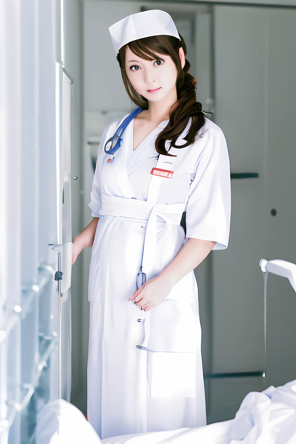 Alafed woman in white nursing uniform poses for photo,white panty、 nurse girl, Nurse, wearing a white hospital gown, Nurse Uniform, with white coat, close - fitting nurse costume, nishimiya shouko, 奈良美智, doctor, sakimichan, (doctor), White uniform, Yasumoto Oka
