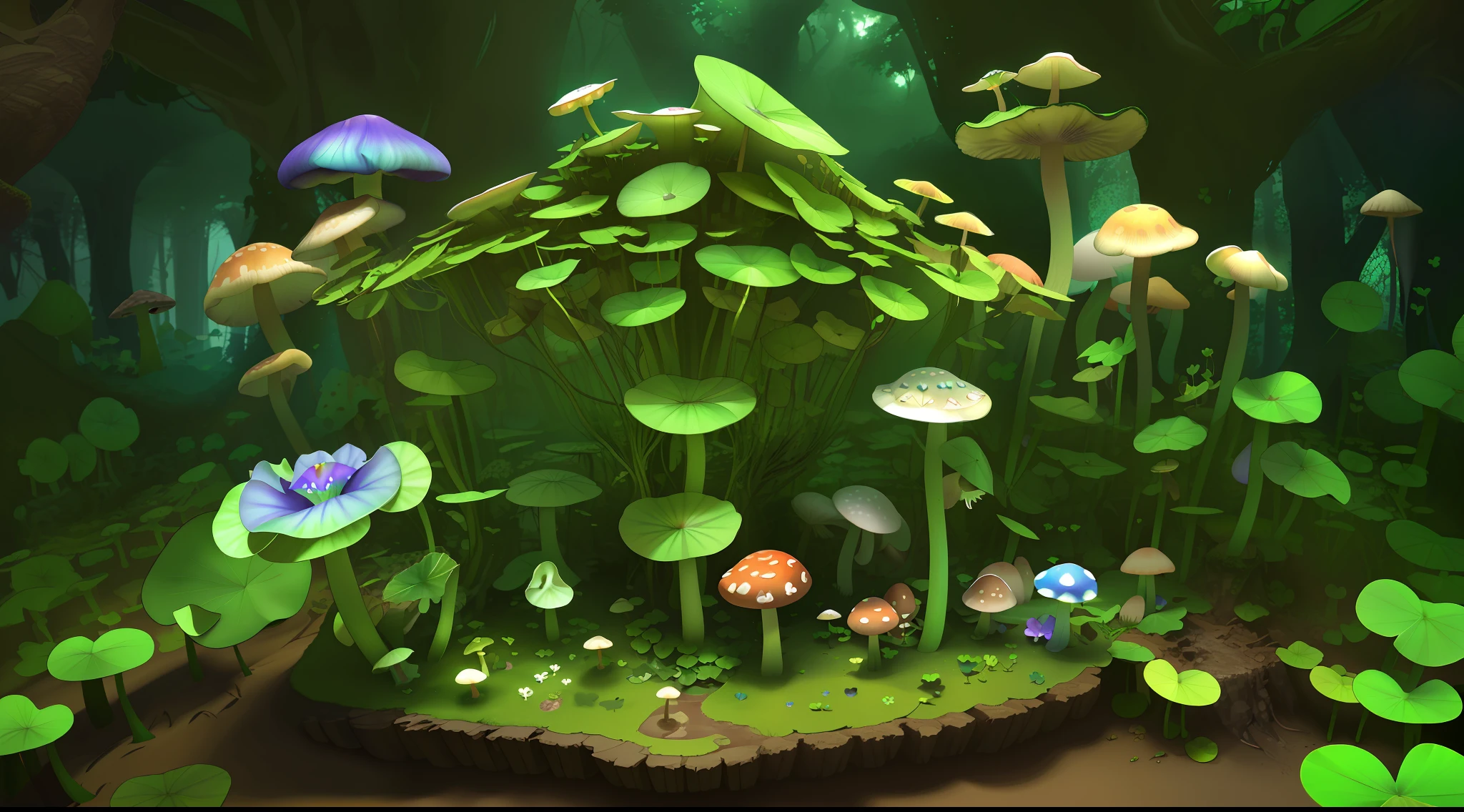 "Mushroom forest,morning glory,butterflys,s fractal art,lotuses,four-leaf clover,morning glory,Cyber Mushroom Forest,Ultra-detailed digital fantasy art。Mushrooms are everywhere in the picture,The unique mushroom shape creates a magical casa scene。"