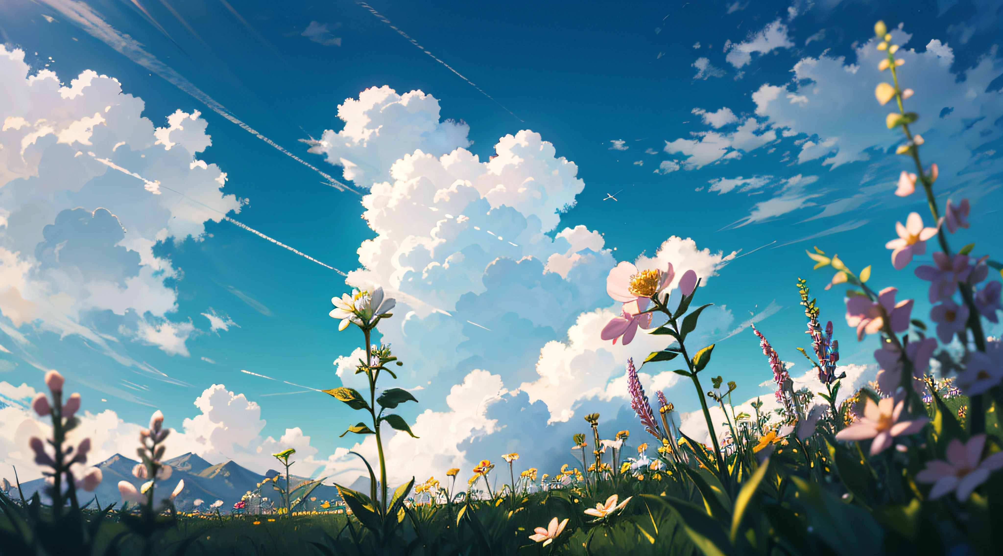 Summer, meadows, a few small flowers, clear lakes, heaven, large clouds, blue sky, hot weather, HD detail, hyper-detail, cinematic, soft light, deep field focus bokeh