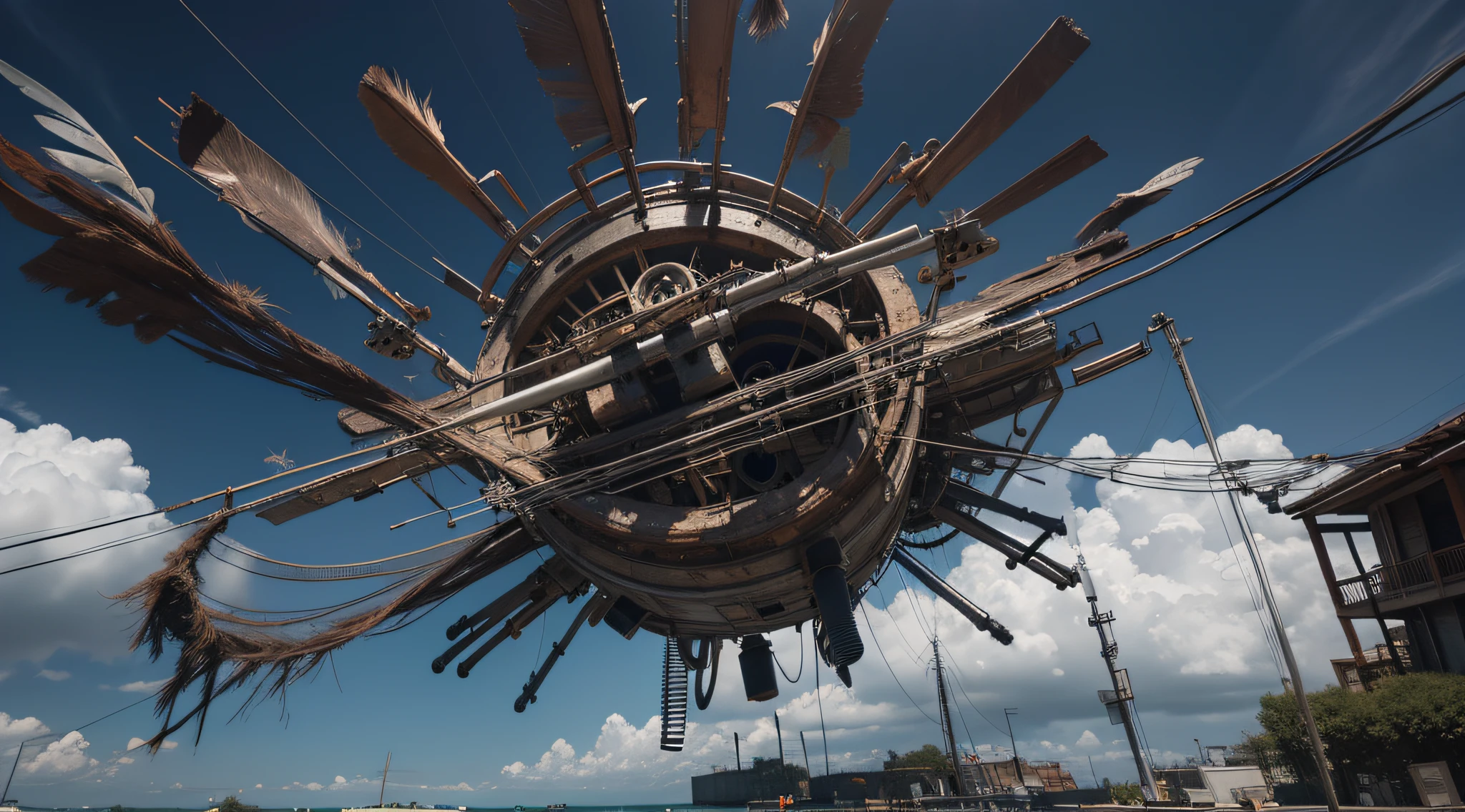 a heavily distorted, fading heavily overcast late morning sky, multiple object s comprised of contorted feathers/machinery/pipes/rusted components is floating in the air, steel wires are weaving in and out between objects, amorphous dark material is being warped and torn into remnants, extra detail, 4kHD details, best resolution, surrealistic composition, extreme camera angle, motion blur, depth of field, foreshortening, tilted camera angle, cinematic lighting, movie scene, precise details, intense details, panoramic image, image within image, INTENSE LENS FLARE