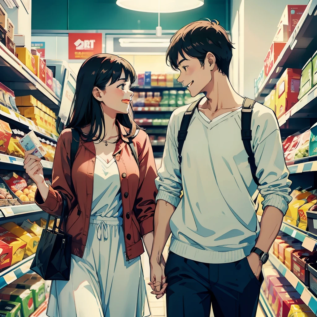 1 couple visiting the supermarket，2 people smiling happily，
