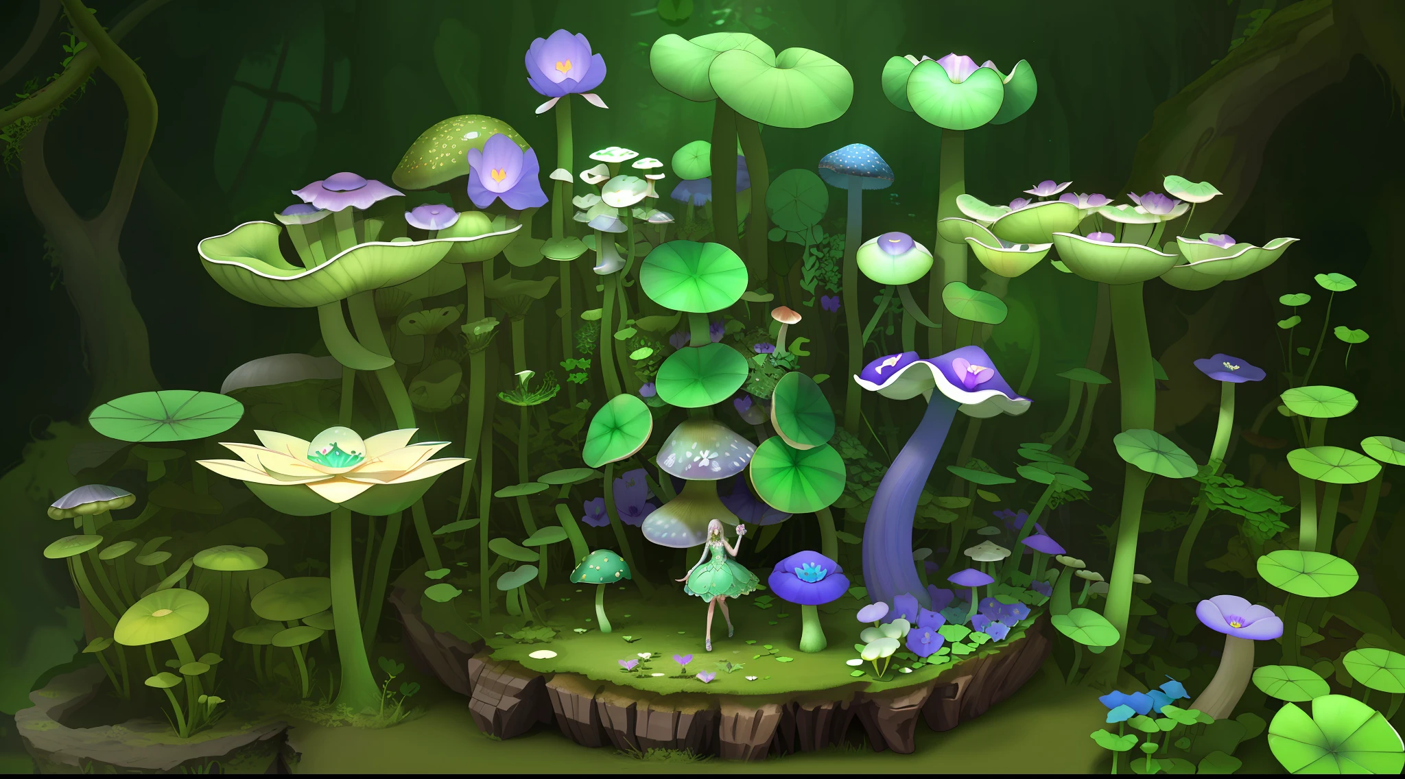 "Mushroom forest with glass goblet,s fractal art,morning glory,butterflys,lotuses,four-leaf clover,morning glory,Cyber Mushroom Forest,Ultra-detailed digital fantasy art。Mushrooms are everywhere in the picture,The unique mushroom shape creates a magical casa scene。"