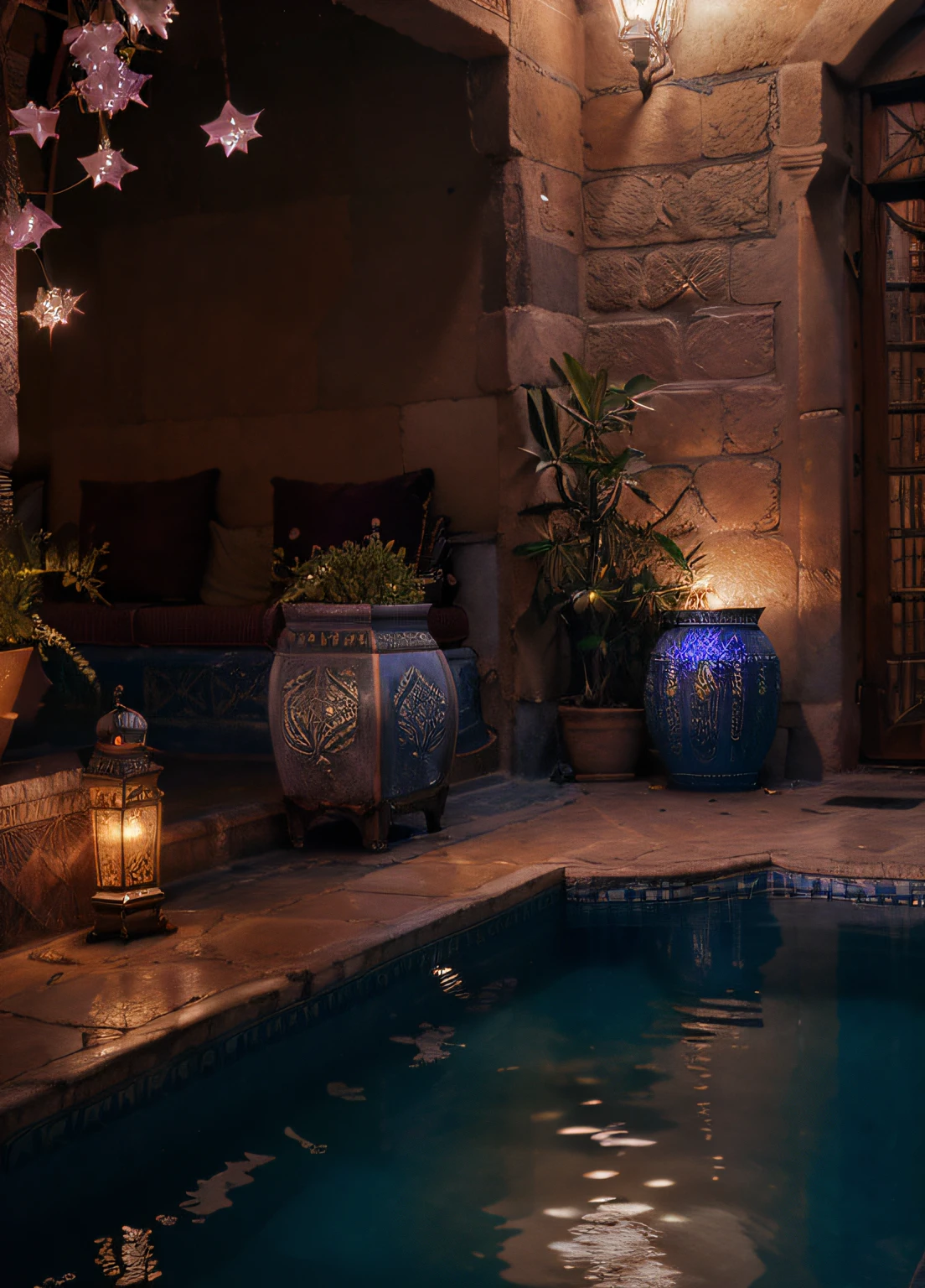 masterpiece, best quality, ultra high res, RAW, ((Riad)), ((riad pool)), riad fountain, Marrakech, moroccan candle holders, safi pottery, palm trees, opalescent, (Photoluminescence lights), gems, ((glowing flowers)), fantasy, clear, Cinematic RAW photo, hyper real photo, ultrarealistic, 8k uhd, dslr, soft lighting, high quality, film grain, Fujifilm XT3, photographed on a Kodak Retina II Sanyo Xacti VPC-CA6, 50mm lens, Wide Angle, HDR, hyper-realistic, colorgraded, volumetric lighting, [volumetric fog, moist], shallow depth of field, reflections, photo, (sparkling) splashing, glistening, (iridescent), glowing, glimmering, crystals, mystical, enchanting, glittering, Morocco, exotic, (masterpiece) (best quality) (detailed) (8k) (HDR) (wallpaper) (cinematic lighting) (sharp focus) (intricate)