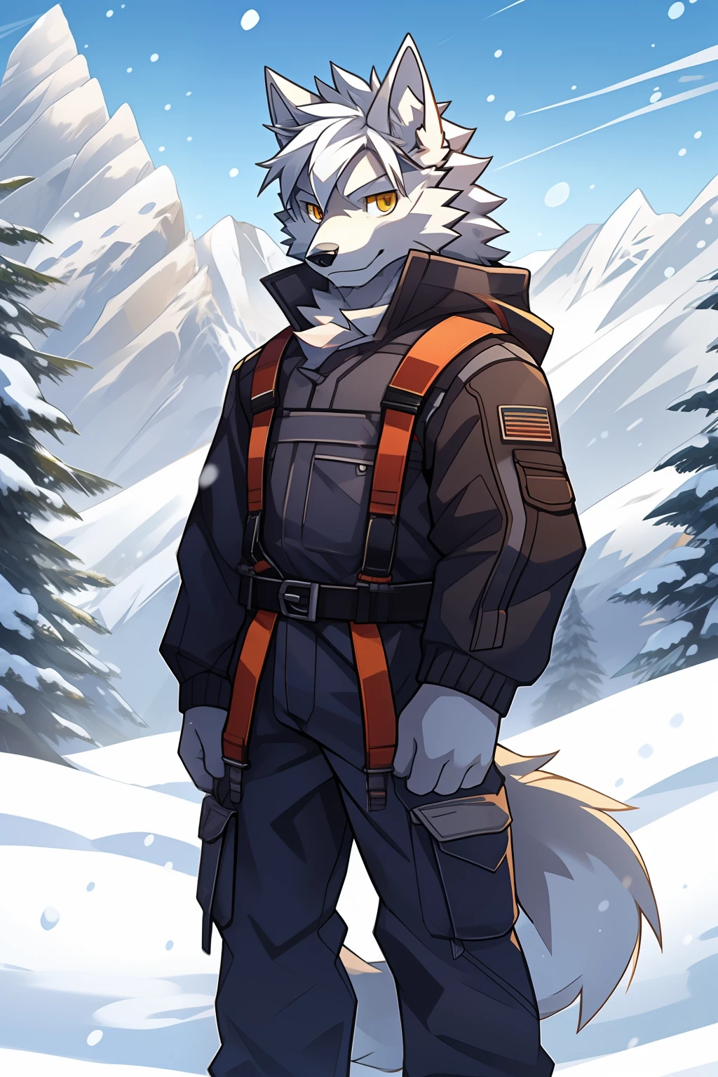 snow mountains，nevando，solo person，White body，White ears，White hair，Overall white，Orange-yellow eyes，Wolf tail，Wolf orcs，Young，Wear a down jacket，Ultra-clear screen，Soft lines