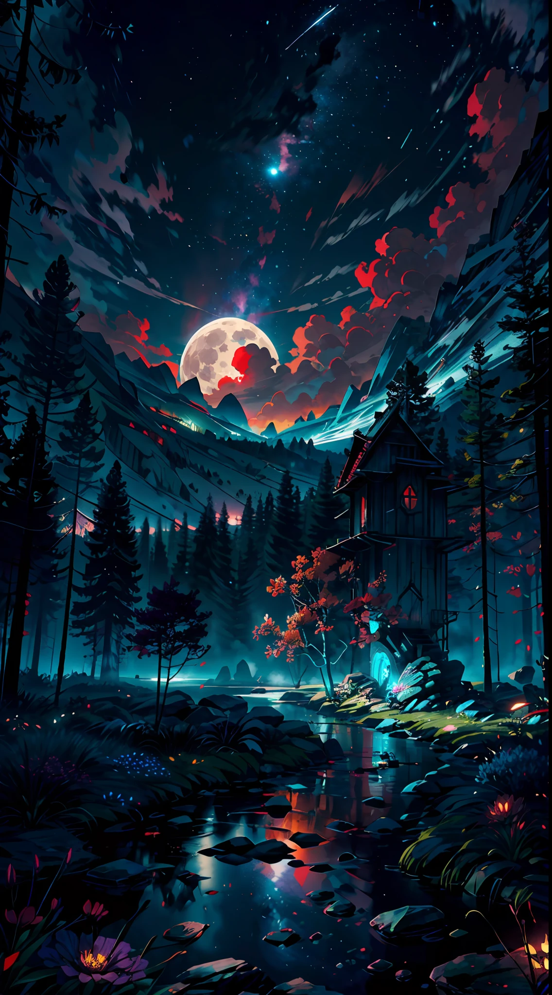 A wide landscape photo, (viewed from below, the sky is above, and the open field is below), an anime girl sitting on colorful flowers field looking up, (full moon: 1.2), (meteor: 0.9), (nebula: 1.3), distant mountains , shooting stars, Trees BREAK Crafting Art, (Warm Light: 1.2), (Firefly: 1.2), Lights, Lots of Purple and Orange, Intricate Details, colorful palette,Volumetric Lighting BREAK (Masterpiece: 1.2), (Best Quality), 4k, Ultra Detailed, (Dynamic Composition: 1.4), Rich in Detail and Color, (Rainbow Color: 1.2), (Glow, Atmospheric Lighting), Dreamy, Magical, (Solo: 1.2),