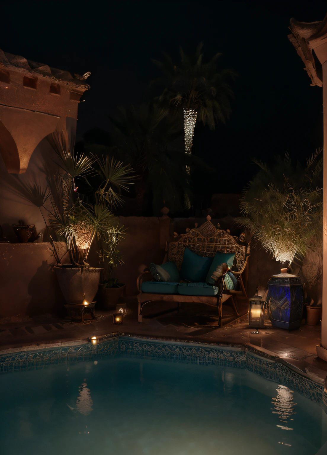 masterpiece, best quality, ultra high res, RAW, ((Riad)), ((riad pool)), riad fountain, Marrakech, moroccan candle holders, safi pottery, palm trees, opalescent, (Photoluminescence lights), gems, ((glowing flowers)), fantasy, clear, Cinematic RAW photo, hyper real photo, ultrarealistic, 8k uhd, dslr, soft lighting, high quality, film grain, Fujifilm XT3, photographed on a Kodak Retina II Sanyo Xacti VPC-CA6, 50mm lens, Wide Angle, HDR, hyper-realistic, colorgraded, volumetric lighting, [volumetric fog, moist], shallow depth of field, reflections, photo, (sparkling) splashing, glistening, (iridescent), glowing, glimmering, crystals, mystical, enchanting, glittering, Morocco, exotic, (masterpiece) (best quality) (detailed) (8k) (HDR) (wallpaper) (cinematic lighting) (sharp focus) (intricate)