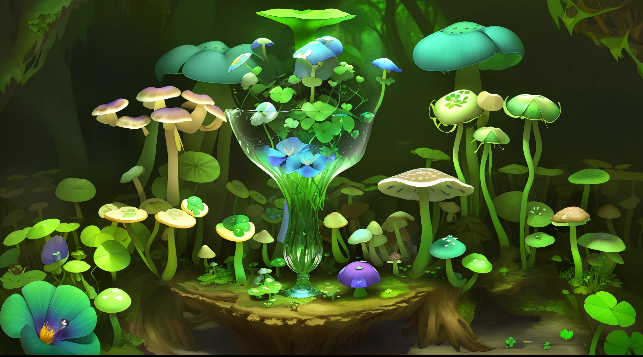 "Mushroom forest with glass goblet,s fractal art,morning glory,butterflys,lotuses,four-leaf clover,morning glory,Cyber Mushroom Forest,Ultra-detailed digital fantasy art。Mushrooms are everywhere in the picture,The unique mushroom shape creates a magical casa scene。"