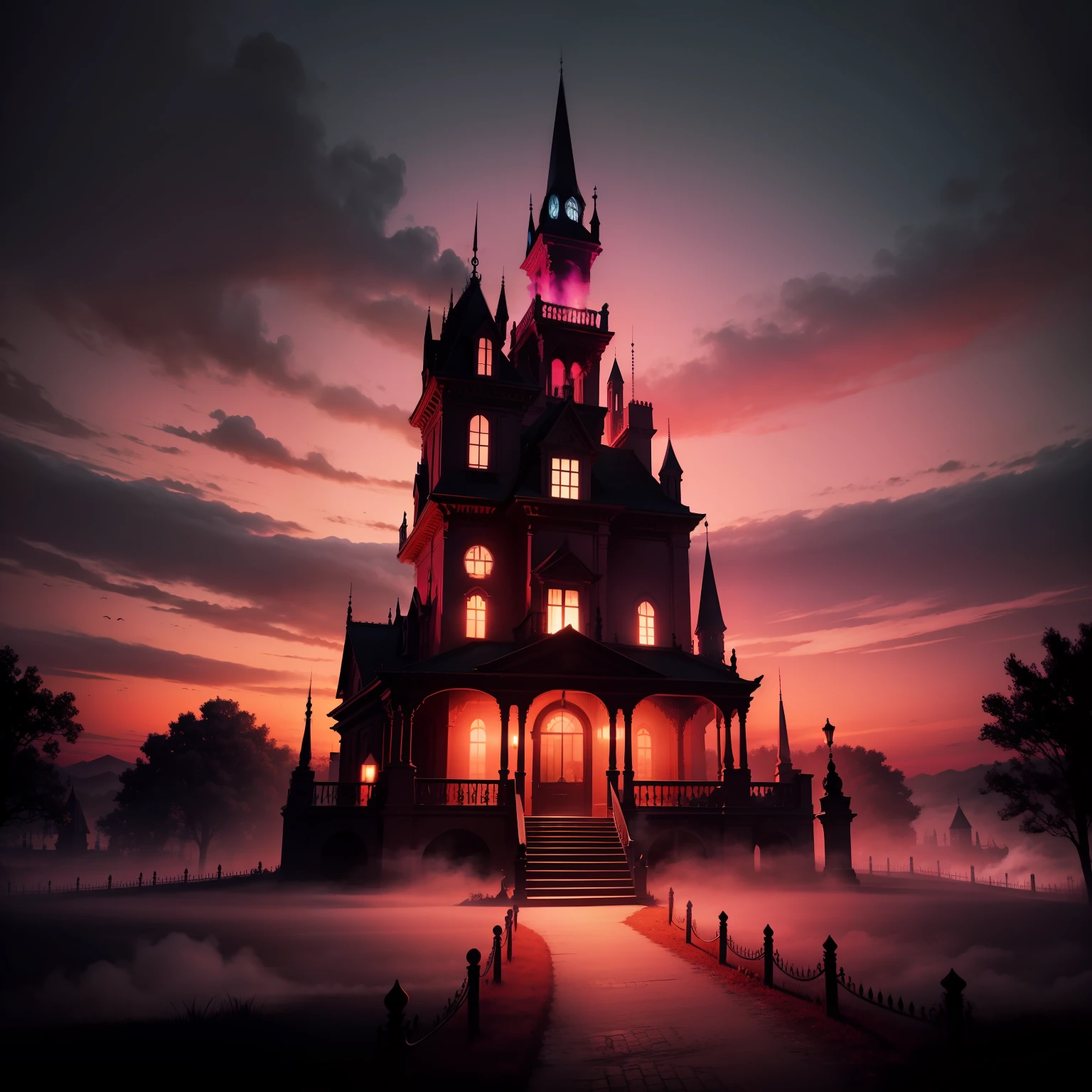 Haunted mansion at night in landscape with red sky with, coffins of pink color, e ,ghostly smoke,(estilo terror)