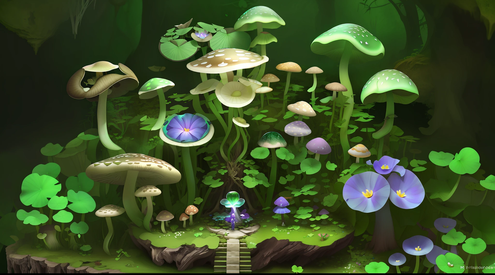 "Mushroom forest with glass goblet，s fractal art，morning glory，butterflys，lotuses，four-leaf clover，morning glory，Cyber Mushroom Forest，Ultra-detailed digital fantasy art。Mushrooms are everywhere in the picture，The unique mushroom shape creates a magical casa scene。"