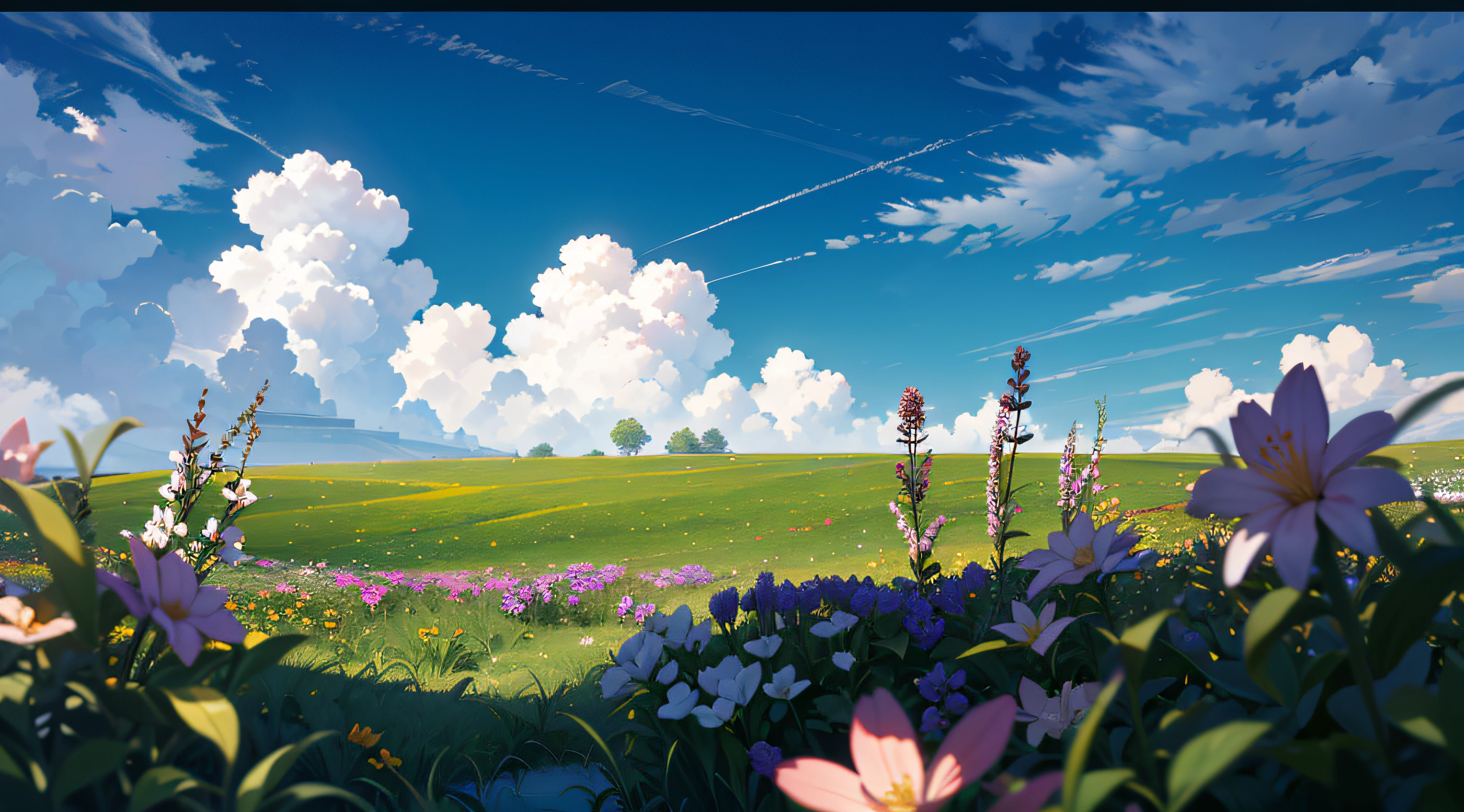 Summer, meadows, a few small flowers, clear lakes, heaven, large clouds, blue sky, hot weather, HD detail, hyper-detail, cinematic, soft light, deep field focus bokeh