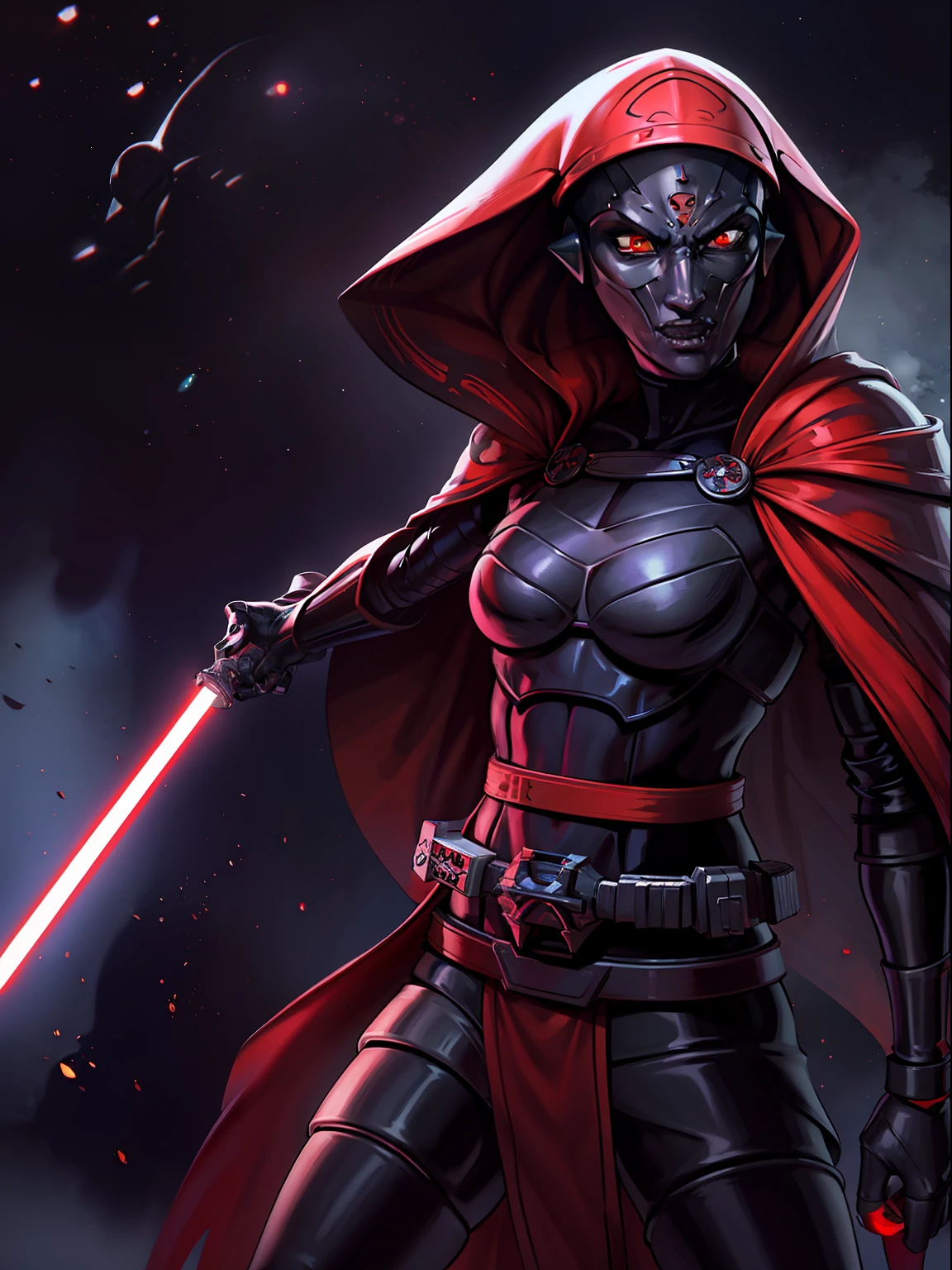 modest, robes, cape, cloak, heavily armored, red skin, Twi'lek, athletic, slender, muscular, wearing heavy black stealth armor, evil space knight, space samurai, dual red lightsabers, Star Wars