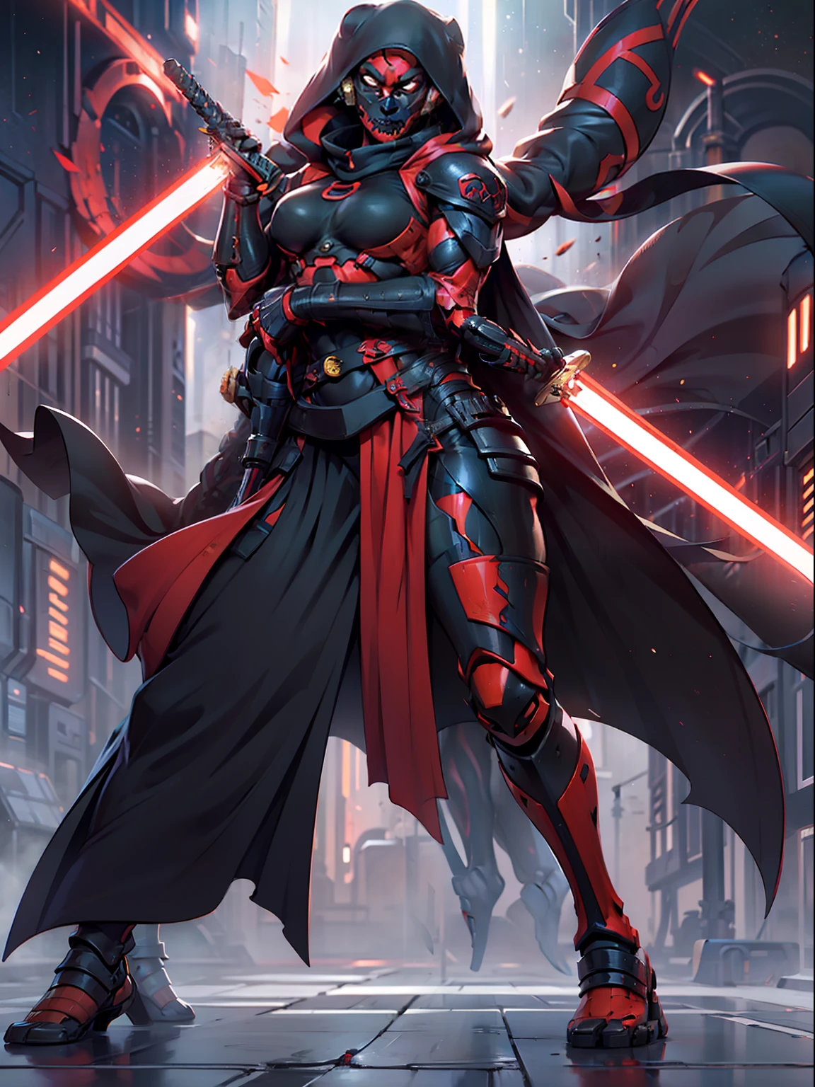 modest, robes, cape, cloak, heavily armored, red skin, Twi'lek, athletic, slender, muscular, wearing heavy black stealth armor, evil space knight, space samurai, dual red lightsabers, Star Wars