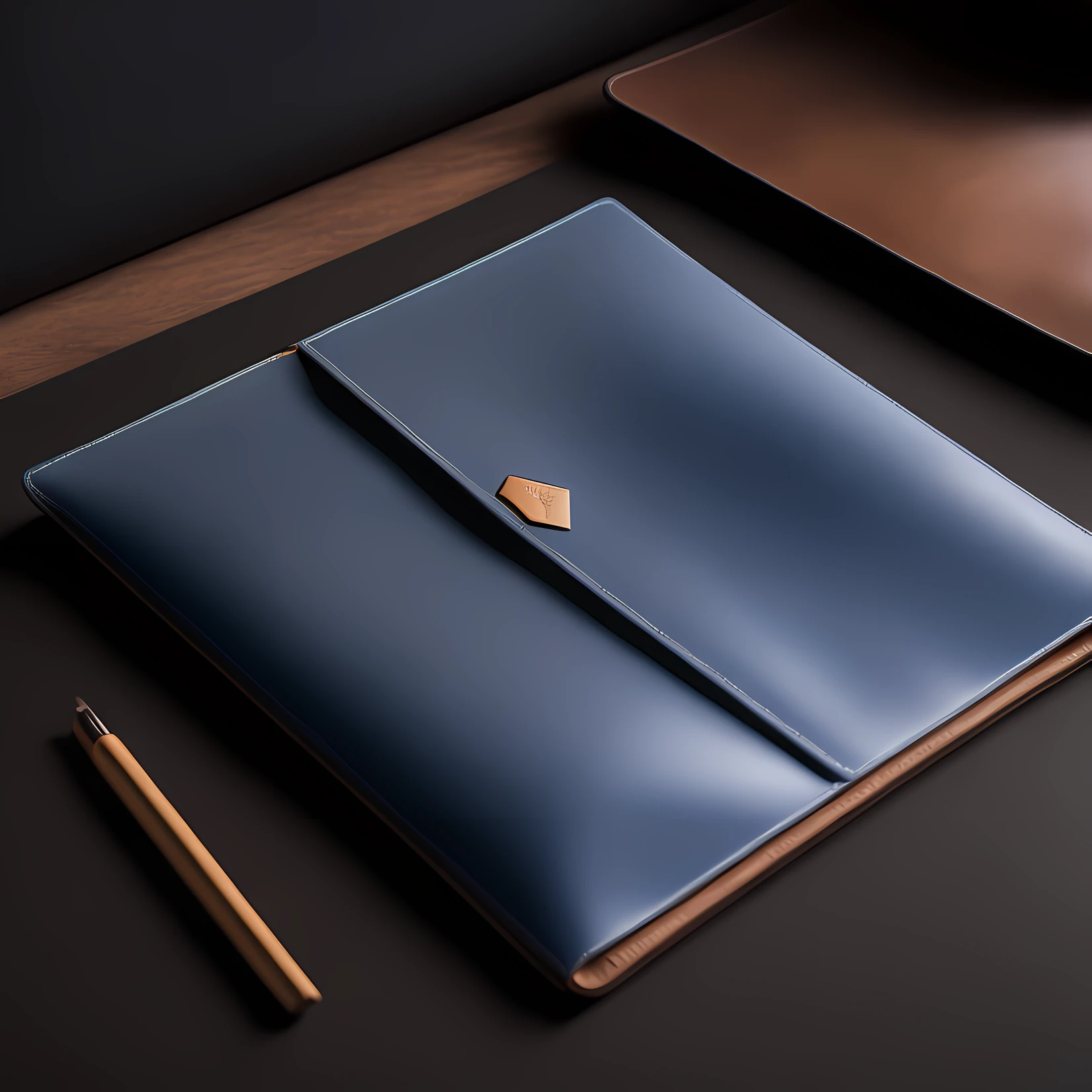 On the table was a blue-gray folder,The folder is placed on a black Visualizer,product closeups,Bottom view,solid color backdrop,Business style,Solid,close angle,Product photo,f / 2 0, Leather Pouch, Natural soft light,author:Emma Andievska, close-up product photo, Sacoche, full product shot, Fluid bags,Natural soft light