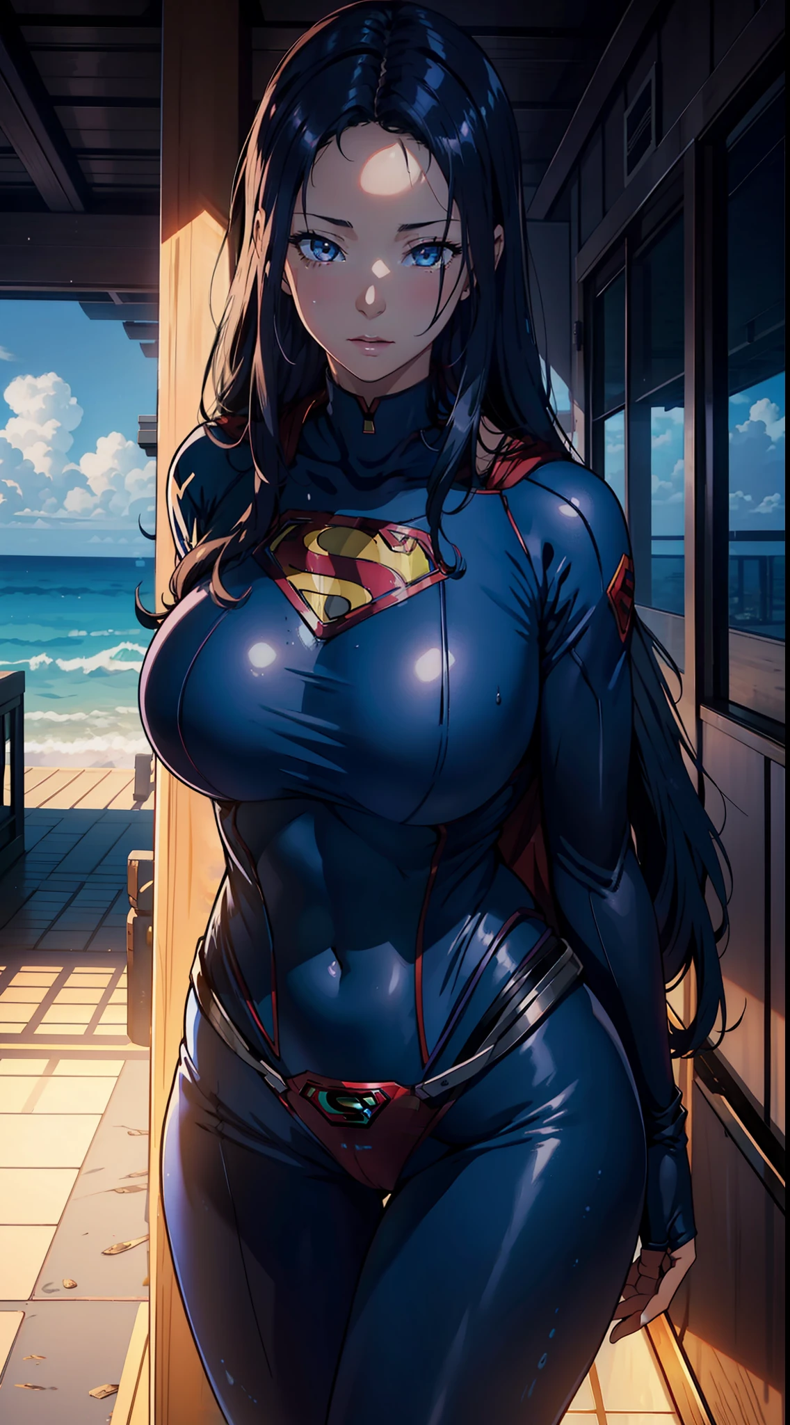 1female,35yo,Huge breasts, 独奏, Supergirl,Superman uniform,Dressed in blue cyberpunk style,比基尼, beautifullegs ,the ocean, She has long flowing black hair, ,Sateen,Bigchest, From the front side, Wet straight hair, Sweating profusely,mostly cloudy sky,(tmasterpiece),(Very detailed CG unity 8K wallpaper),best qualtiy,cinmatic lighting,detailed back ground,beatiful detailed eyes,Bright pupils,(Very fine and beautiful),(Beautiful and detailed eye description),ultra - detailed,facing at camera,A high resolution,ultra - detailed),Very long hair,standing on your feet,Emotive expressions,Smile,Chest sagging,Camel toes,with no underpants,extremely large bosom,Extremely colorful,Most detailed,fully body photo,The face is well lit