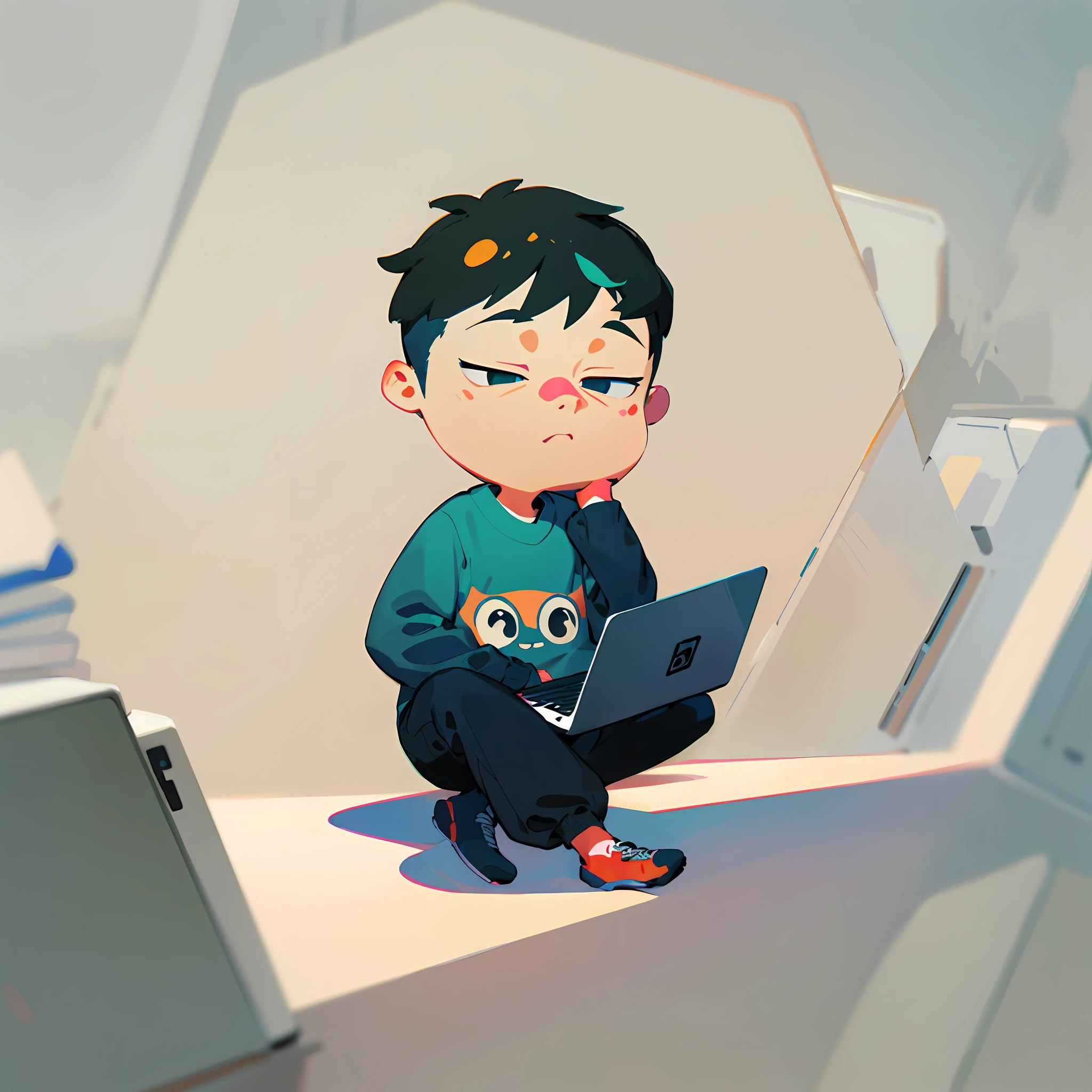 Cartoon boy sitting on the floor with laptop, 2 d illustration, 2D illustration, A laptop is placed on his lap, inspirado em Goro Fujita, digital character illustration, programmer, Digital illustration, lineless, 2 d render, digital 2d illustration, sitting in front of the computer, future coder man looking on, professional illustrations