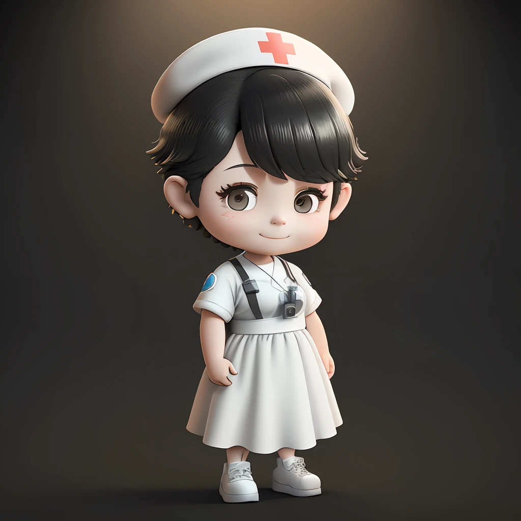 Short-haired female nurse,Standing posture,Black color hair,white clothes,smiling expression,Blind box style,Disney style,Clay texture,natural lightting,Pure white background,Best quality at best,3D,C4D,OC renderer,3Drenderingof,8K