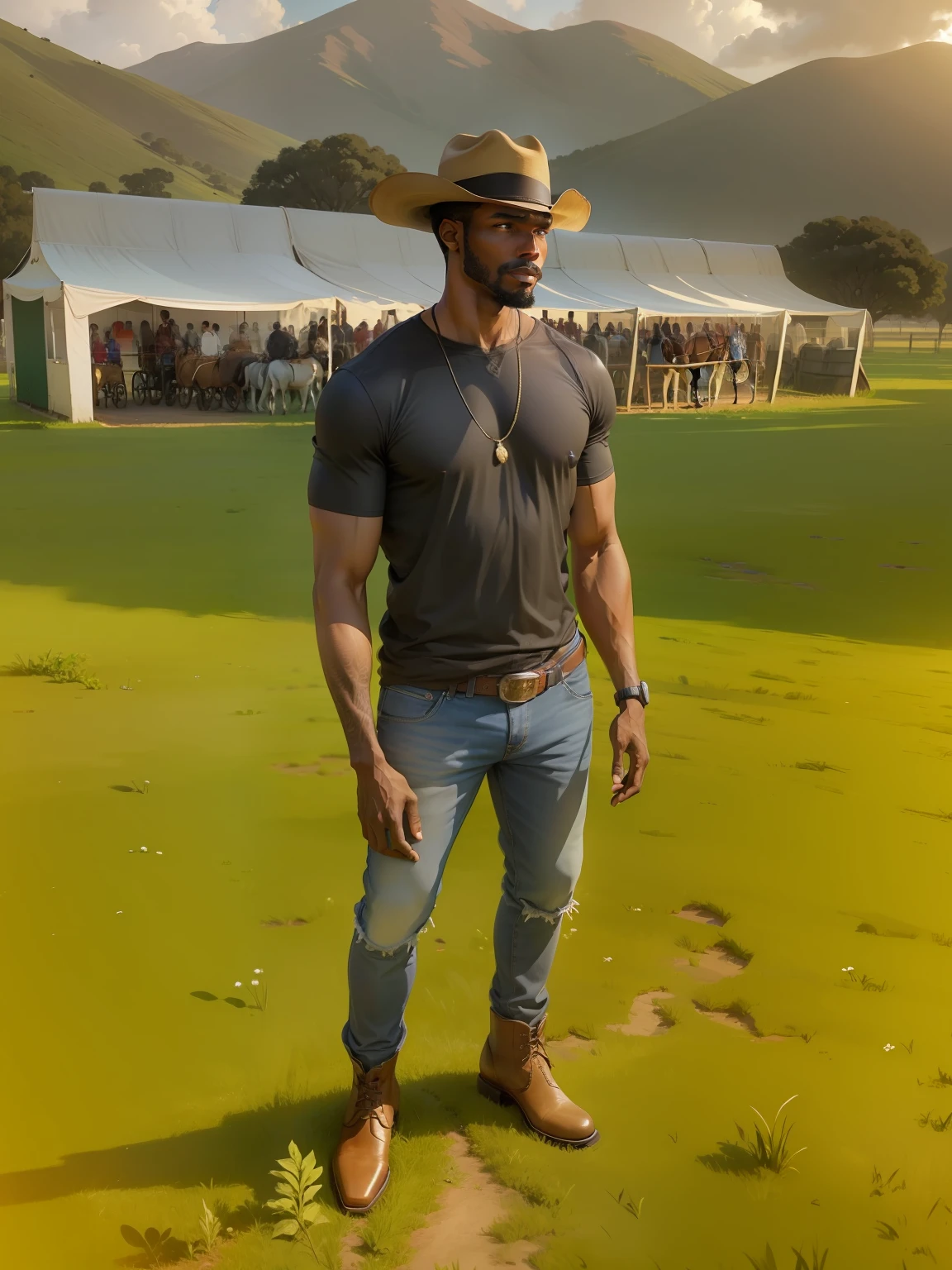 There's a black man in a cowboy hat in the field in cowtry clothes, Campos com. Cavalos