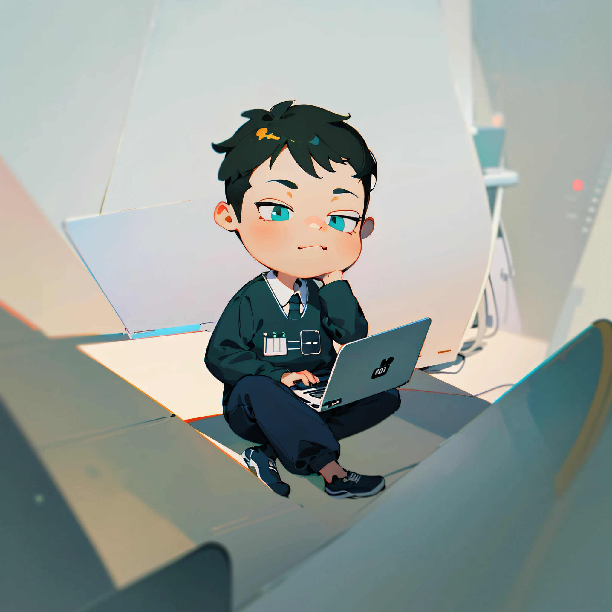 Cartoon boy sitting on the floor with laptop, 2 d illustration, 2D illustration, A laptop is placed on his lap, inspirado em Goro Fujita, digital character illustration, programmer, Digital illustration, lineless, 2 d render, digital 2d illustration, sitting in front of the computer, future coder man looking on, professional illustrations