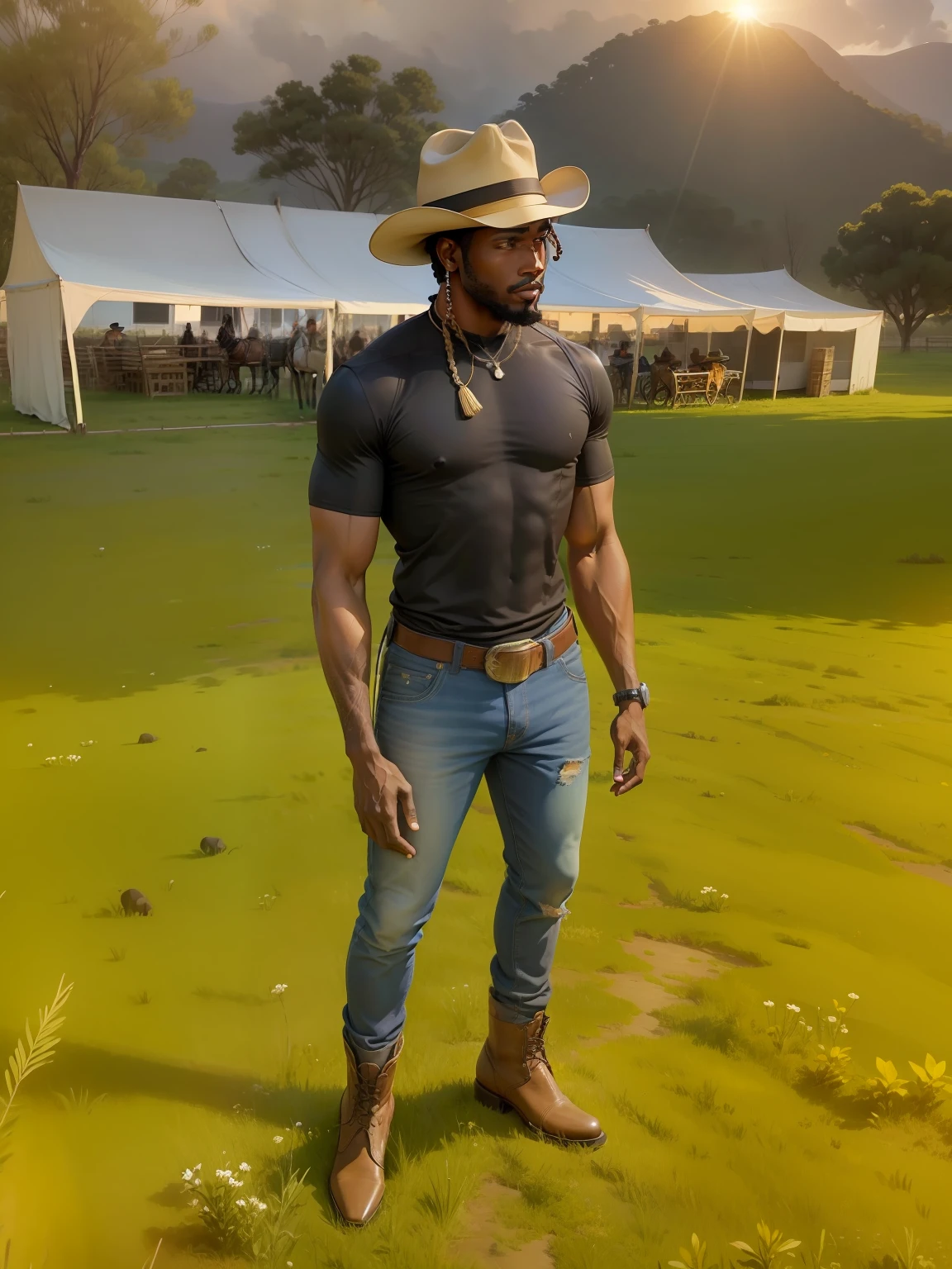 There's a black man in a cowboy hat in the field in cowtry clothes, Campos com. Cavalos