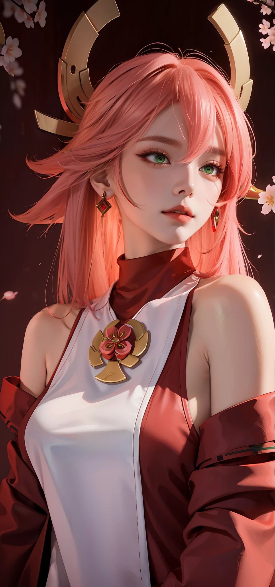 (Masterpiece, Excellent, 1girl, solo, complex details, color difference), realism, ((medium breath)), off-the-shoulders, big breasts, sexy, Yae Miko, long pink hair, red headdress, red highlight, hair above one eye, green eyes, earrings, sharp eyes, perfectly symmetrical figure, choker, neon shirt, open jacket, turtleneck sweater, against the wall, brick wall, graffiti, dim lighting, alley, looking at the audience, ((mean, seductive, charming)), ((cherry blossom background ))),((Japanese temple background)))), (((Glow-in-the-dark background)))