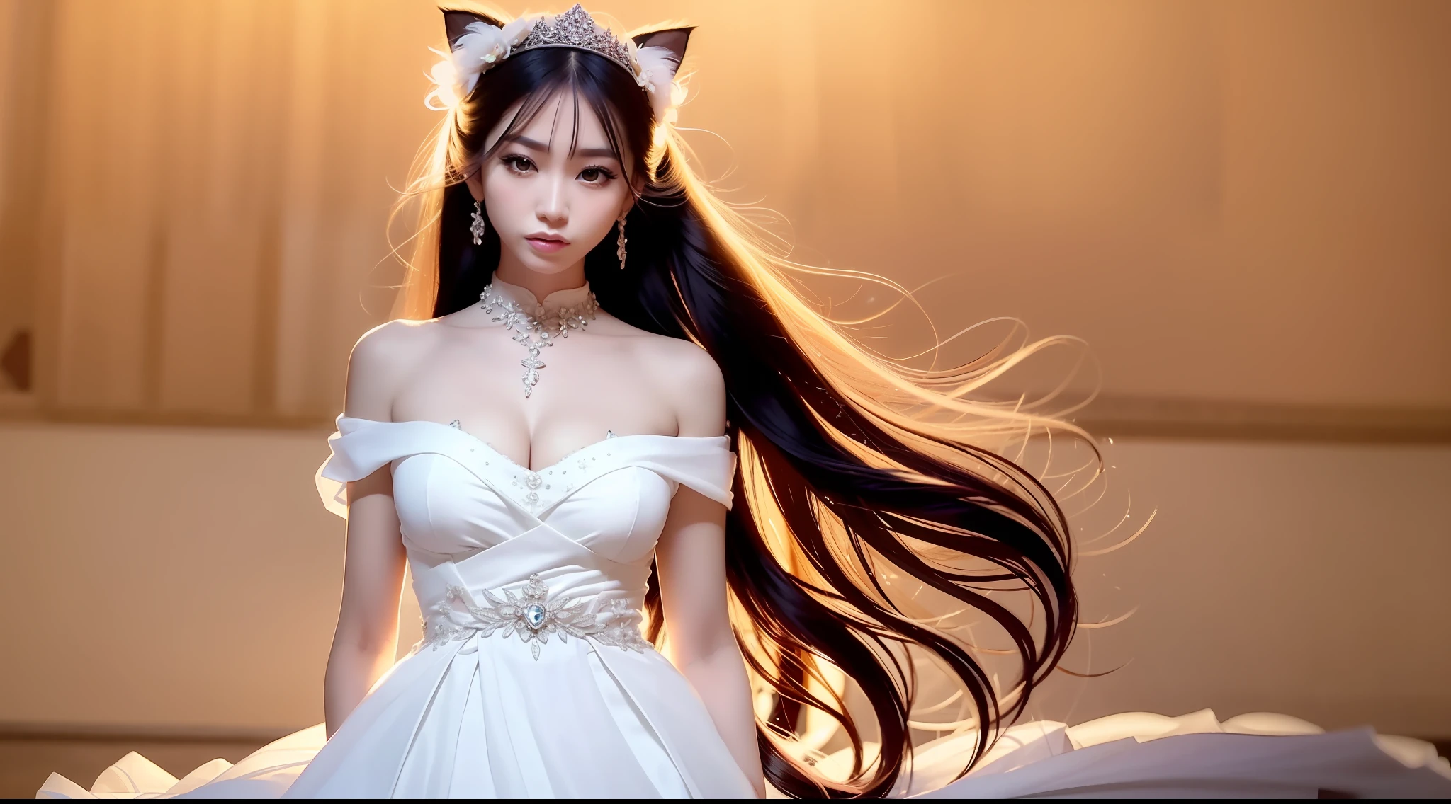 very detail eyes,Very delicate face,very beautiful women,Best quality at best,Super meticulous(Photorealsitic),Very delicate and beautiful legs,Beautiful black eyes,Head up,Very detailed expression,Elegant anomalies,Phnom Penh wedding dress,Pink Long Hair,Cat ears realistic,playground,Long legs,blacksilk