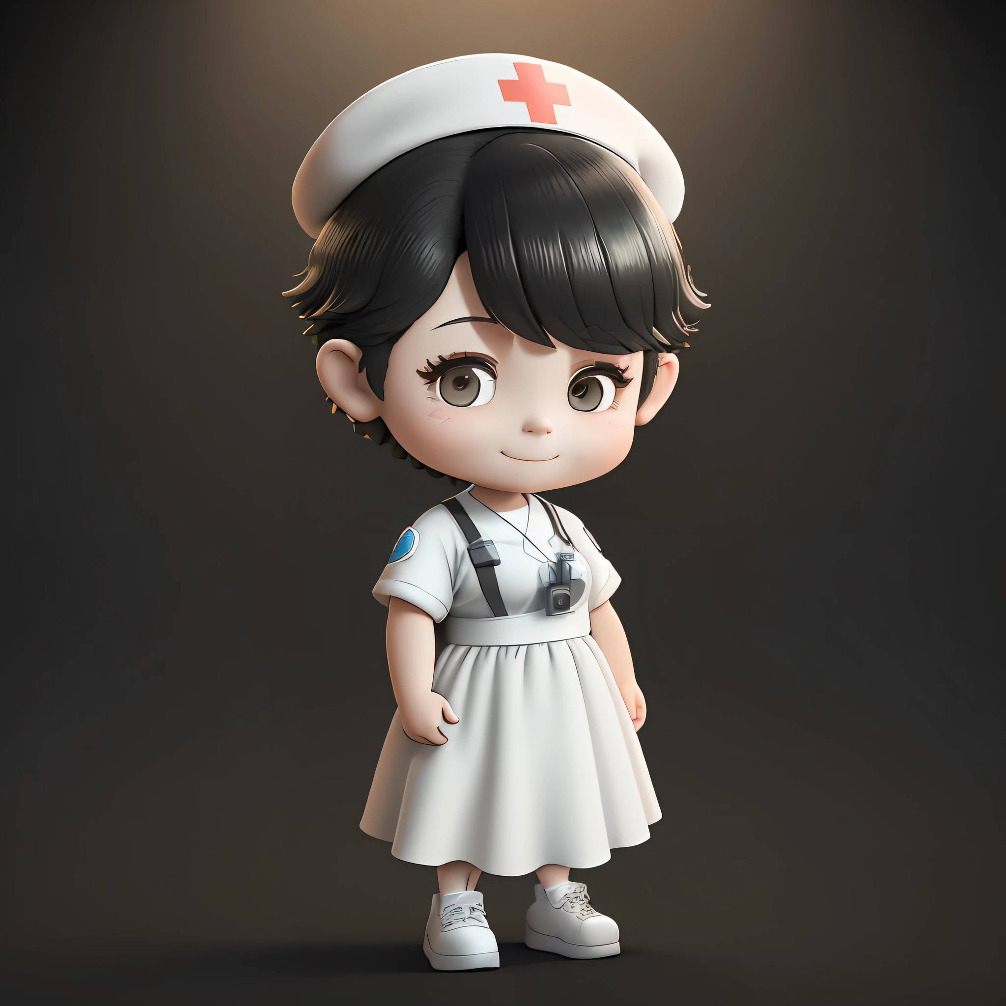 Short-haired female nurse,Standing posture,Black color hair,white clothes,smiling expression,Blind box style,Disney style,Clay texture,natural lightting,Pure white background,Best quality at best,3D,C4D,OC renderer,3Drenderingof,8K