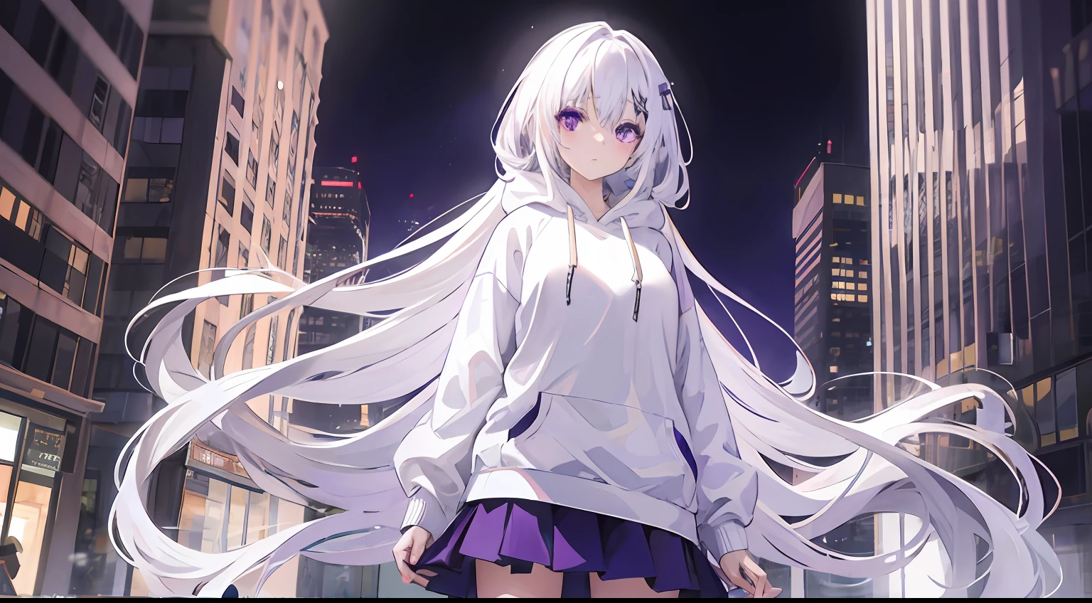 1girl, long white hair, purple eyes, wearing a hoodie, skirt, city, absurdres, high res, ultrasharp, 8K, masterpiece, looking at viewer