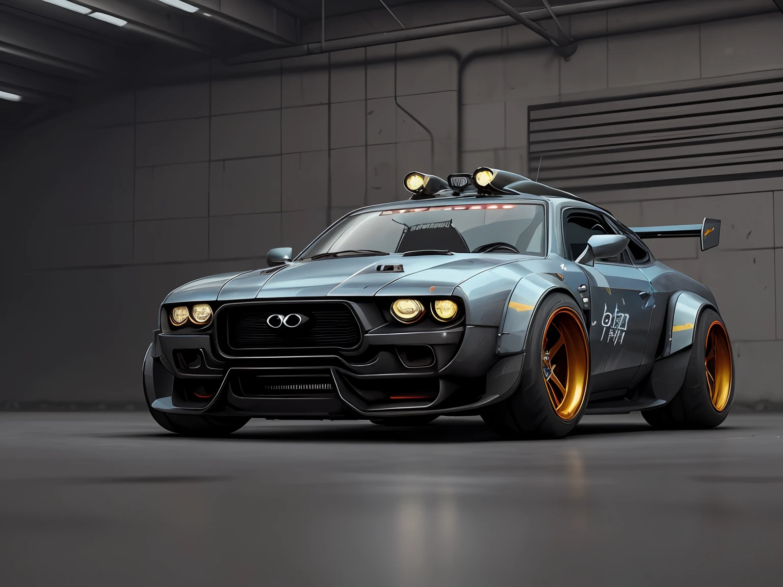a 3/4 front view of ((futuristic cyberpunk hotrod zeekars)) (with glowing tires), at the parking lot,