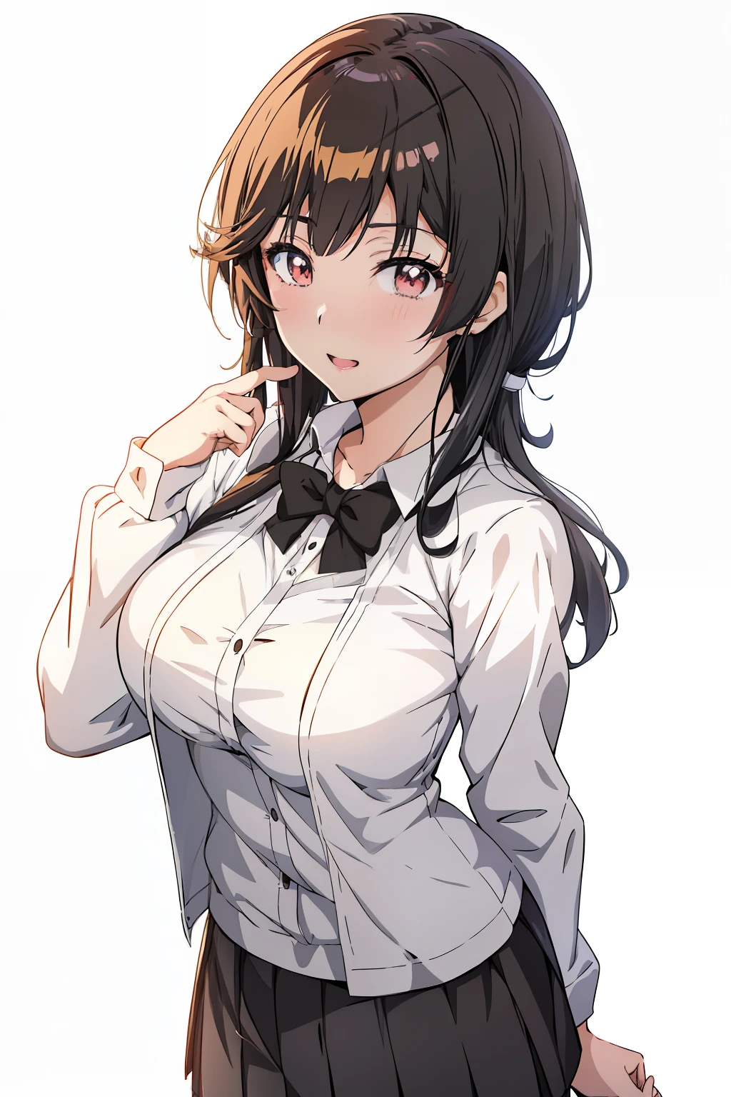 anime girl in a white shirt and black skirt posing for a picture, Seductive Anime Girl, anime moe art style, charming anime girls, Kantai Collection Style, Smooth Anime CG Art, with index finger, marin kitagawa fanart, Makoto, (Anime Girl), Anime visuals of cute girls, makoto shinka, detailed anime character art, beautiful anime high school girl