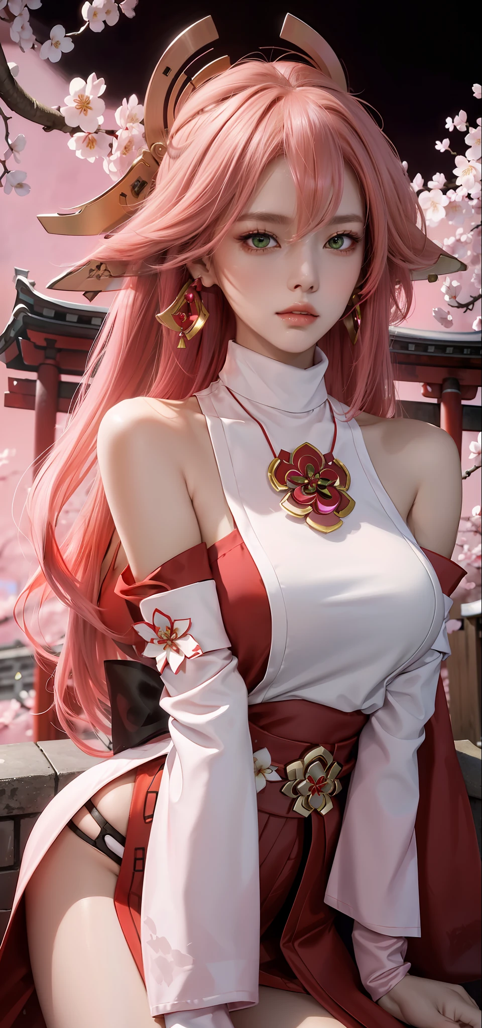 (Masterpiece, Excellent, 1girl, solo, complex details, color difference), realism, ((medium breath)), off-the-shoulders, big breasts, sexy, Yae Miko, long pink hair, red headdress, red highlight, hair above one eye, green eyes, earrings, sharp eyes, perfectly symmetrical figure, choker, neon shirt, open jacket, turtleneck sweater, against the wall, brick wall, graffiti, dim lighting, alley, looking at the audience, ((mean, seductive, charming)), ((cherry blossom background ))),((Japanese temple background)))), (((Glow-in-the-dark background)))