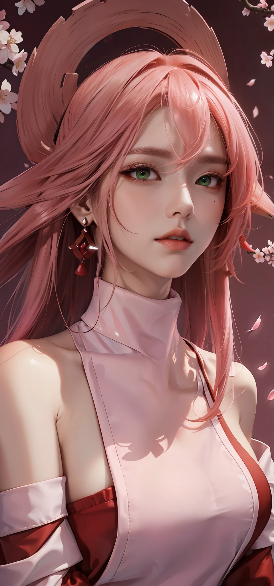 (Masterpiece, Excellent, 1girl, solo, complex details, color difference), realism, ((medium breath)), off-the-shoulders, big breasts, sexy, Yae Miko, long pink hair, red headdress, red highlight, hair above one eye, green eyes, earrings, sharp eyes, perfectly symmetrical figure, choker, neon shirt, open jacket, turtleneck sweater, against the wall, brick wall, graffiti, dim lighting, alley, looking at the audience, ((mean, seductive, charming)), ((cherry blossom background ))),((Japanese temple background)))), (((Glow-in-the-dark background)))