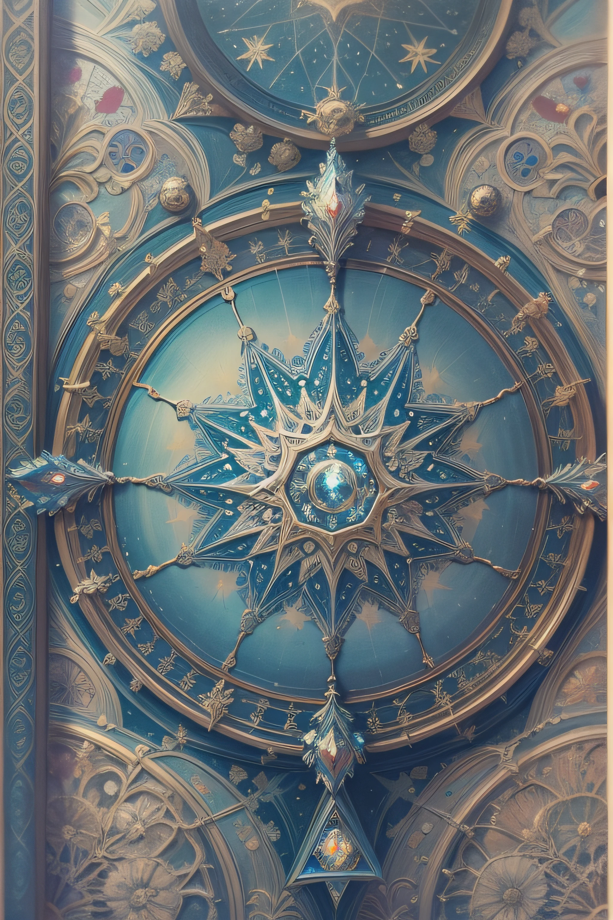 estrela de cinco pontas, magia, simetria, maths, renascentista, oil painting, 2d canvas, altamente detalhado, intricado, classic paint, blue monochromatic, cristal, ornamentado, circles, Gothic ornament, plano achatado