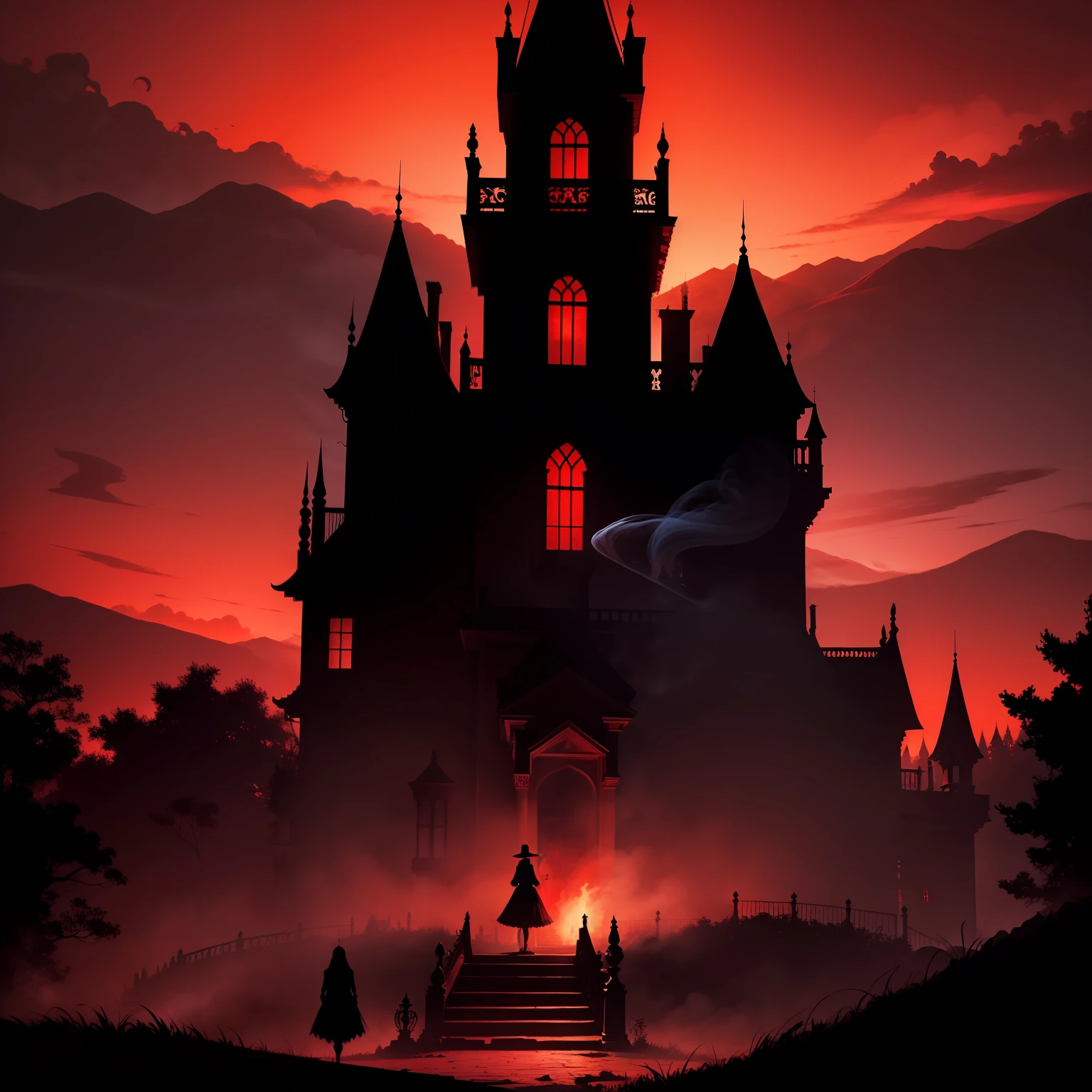 Haunted mansion at night in landscape with red sky with and ,ghostly smoke,(Estilo de terror) noite escura com nuvem vermelhas demoniaco