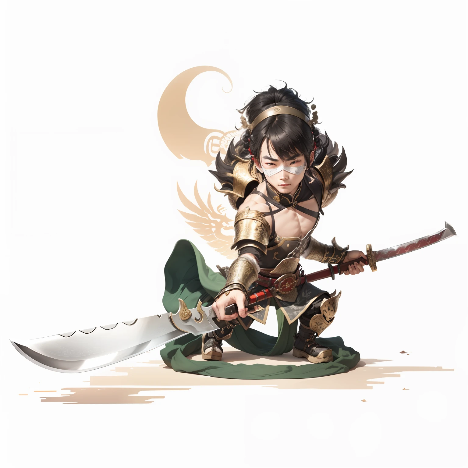 male people，Male characters，tchibi，Bad，Green Dragon Moon Knife，Big knife weapons，The handle has a delicate pattern，Flowing hem，Shoulder blades，metal breastplate，chainmail，Animal pattern cuirass，chest plate，Bracers，China-style，Chinese-style clothing，Chinese shoes，There are beautiful patterns on the weapon grips，Refinement，Fine painting，Refinement，infinite details，high definition detail，Delicate belt，Belt accessories，Male characters，Blindfolds，Black color hair，Patterned，Pattern，Blank background，Bright colors，Metal edging
