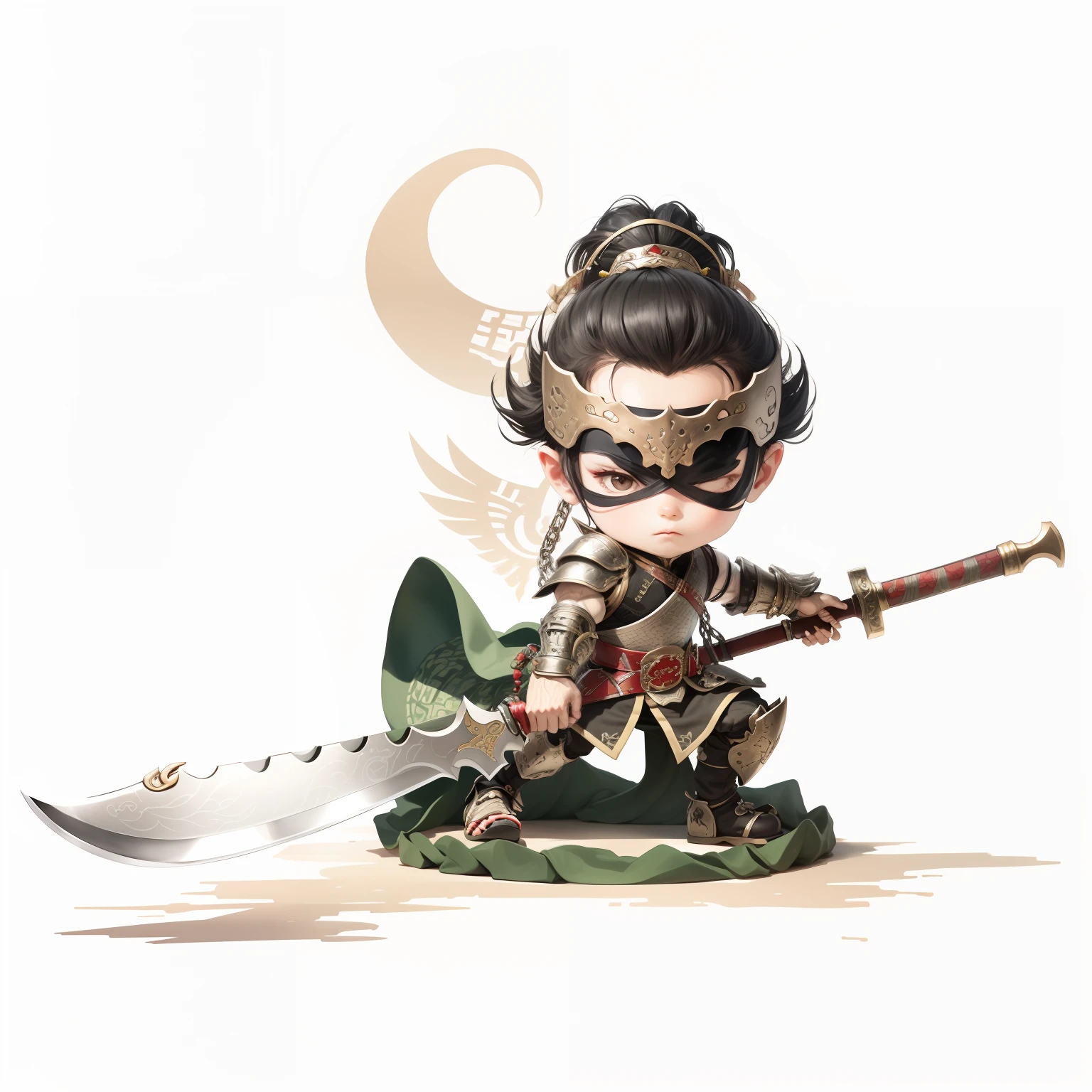 male people,Male characters,tchibi,Bad,Green Dragon Moon Knife,Big knife weapons,The handle has a delicate pattern,Flowing hem,Shoulder blades,metal breastplate,chainmail,Animal pattern cuirass,chest plate,Bracers,China-style,Chinese-style clothing,Chinese shoes,There are beautiful patterns on the weapon grips,Refinement,Fine painting,Refinement,infinite details,high definition detail,Delicate belt,Belt accessories,Male characters,Blindfolds,Black color hair,Patterned,Pattern,Blank background,Bright colors,Metal edging