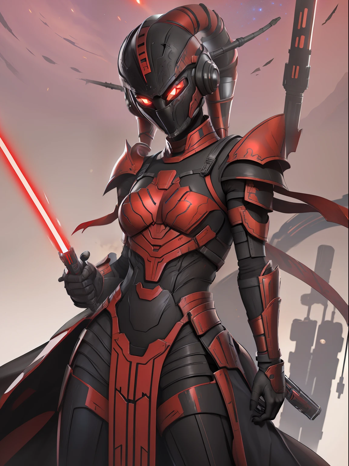 armored, red skin, Twi'lek, athletic, slender, muscular, wearing heavy black stealth armor, evil space knight, space samurai, dual red lightsabers, Star Wars