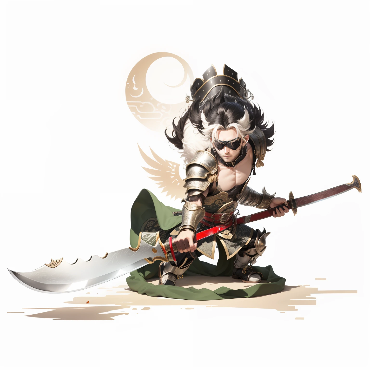 male people，Male characters，tchibi，Bad，Green Dragon Moon Knife，Big knife weapons，The handle has a delicate pattern，Flowing hem，Shoulder blades，metal breastplate，chainmail，Animal pattern cuirass，chest plate，Bracers，China-style，Chinese-style clothing，Chinese shoes，There are beautiful patterns on the weapon grips，Refinement，Fine painting，Refinement，infinite details，high definition detail，Delicate belt，Belt accessories，Male characters，Blindfolds，Black color hair，Patterned，Pattern，Blank background，Bright colors，Metal edging