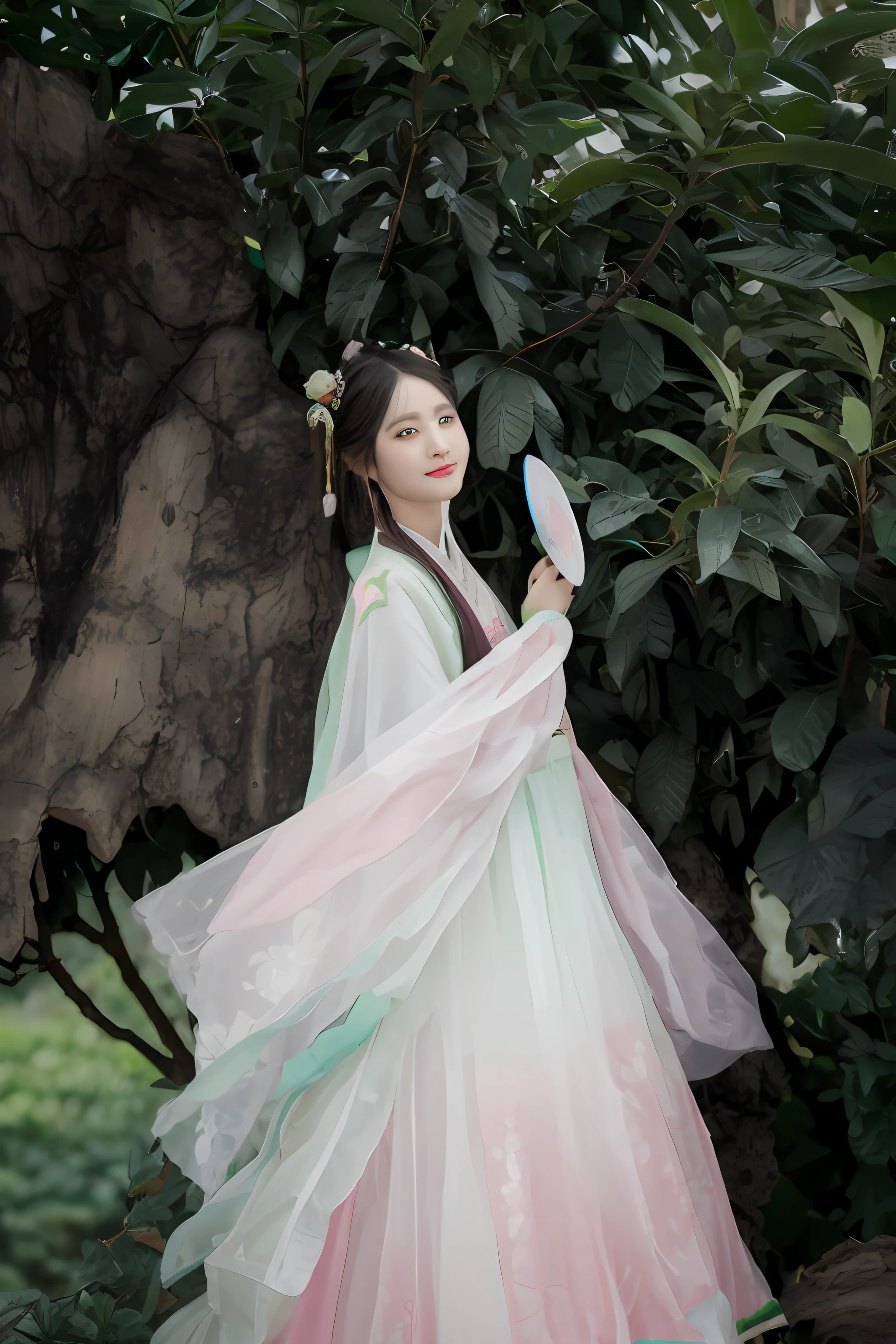 Arakfi woman in pink and green dress holding a fan, Palace ， A girl in Hanfu, Hanfu, White Hanfu, Wearing ancient Chinese clothes, Traditional Chinese clothing, with acient chinese clothes, Wearing a luxurious silk cloak, Chinese costume, full-body xianxia, inspired by Tang Yin, Inspired by Lan Ying, Princesa chinesa antiga