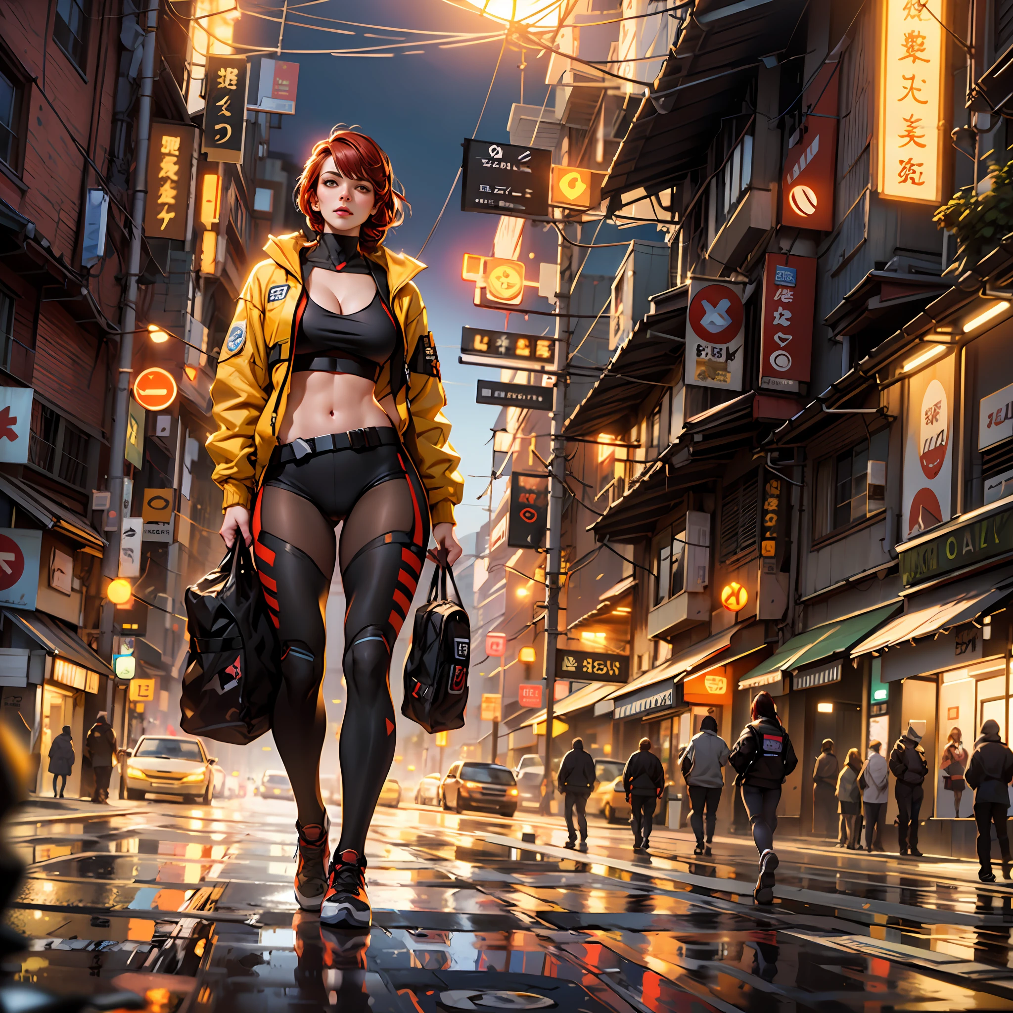 Full body, masterpiece, photo realistic, hyper details, arafed beautiful lady in yellow jacket standing on street corner, pony tail, crop top, cleavage, yellow broadshort, cameltoe, cyberpunk city, standing tall, busty, in a city street, Shifted Bangs Japanese Haircut, wearing urban techwear, realistic depiction, standing in a city center, an ultra realistic, promo image, techwear look and clothes, in city street, hyper-realistic, hyper - realistic, wojtek fus, hyper realistic style, small waist, red hair