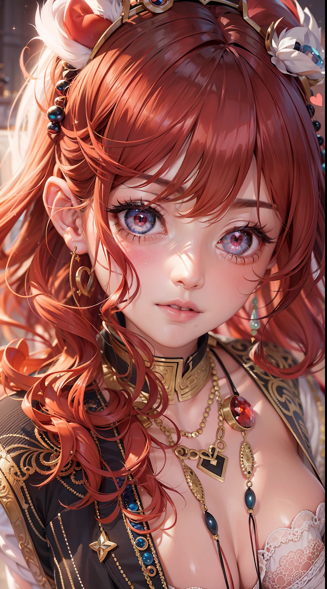 Red hair, ahoge, Curly hair, hair on one eye, bead necklace, black hair band, Moles under eyes, Heart-shaped pupils, Blush, disdain, Anime, Social realism, Cinematic lighting, Sparkle, hyper HD, Masterpiece, ccurate, Anatomically correct, Textured skin, Super detail, High details, High quality, Best quality, A high resolution, 8K