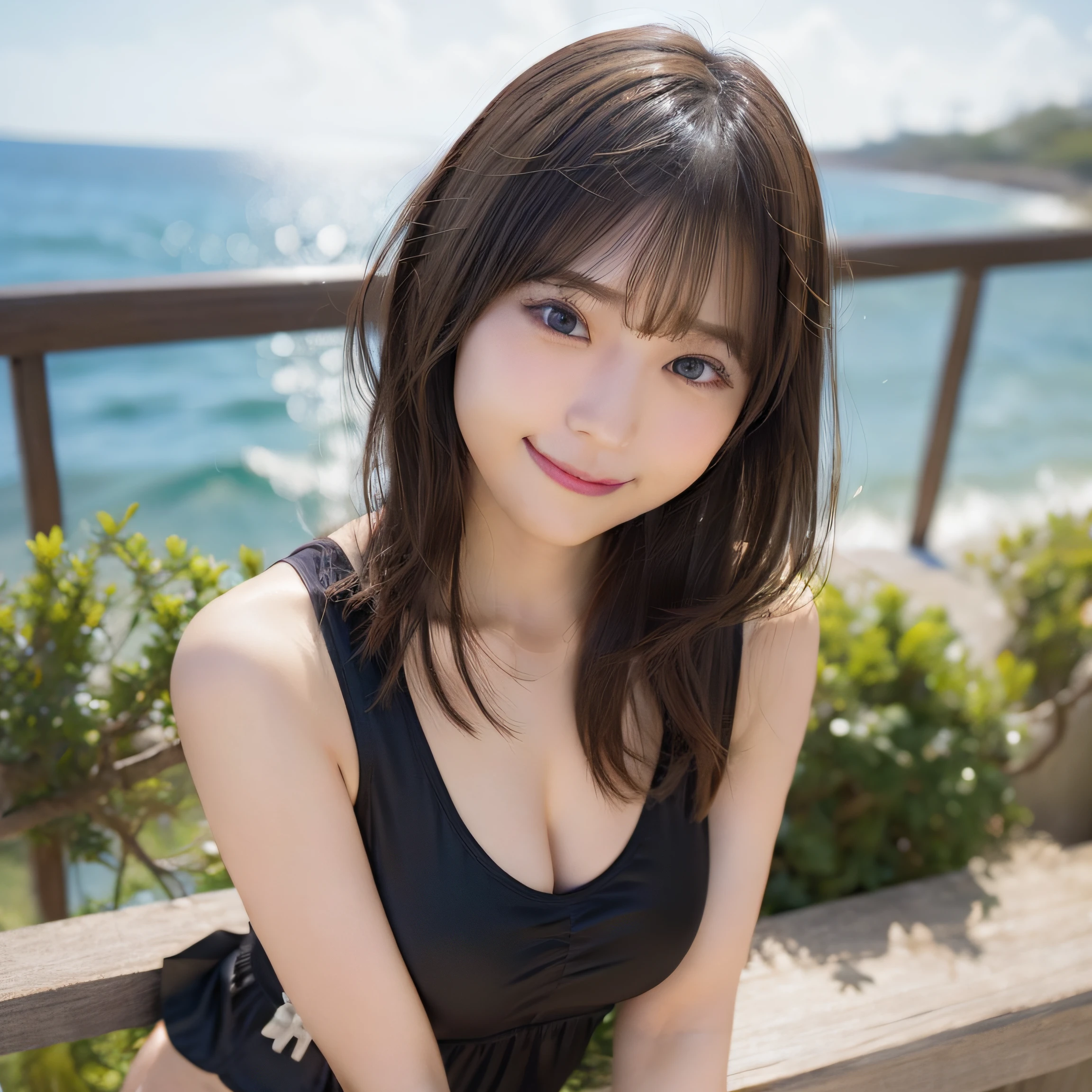 8K,Best Quality, 超A high resolution, (Photorealistic:1.4),masterpiece:1.3, Raw photo, (upper thigh:1.5, From Side:0.7), (Bokeh:1.2), sea side, (in a suite:1.6),sand beach, 1日本人の女の子, Cute, (Solo:1.6), (Shy smile), Smooth skin, (Brown medium hair,Bangs), (touch hair:1.4),nogizaka,Cute swimsuit,Supple fingertips,Beautiful black eyes:1.3、ample breasts、full bodyesbian