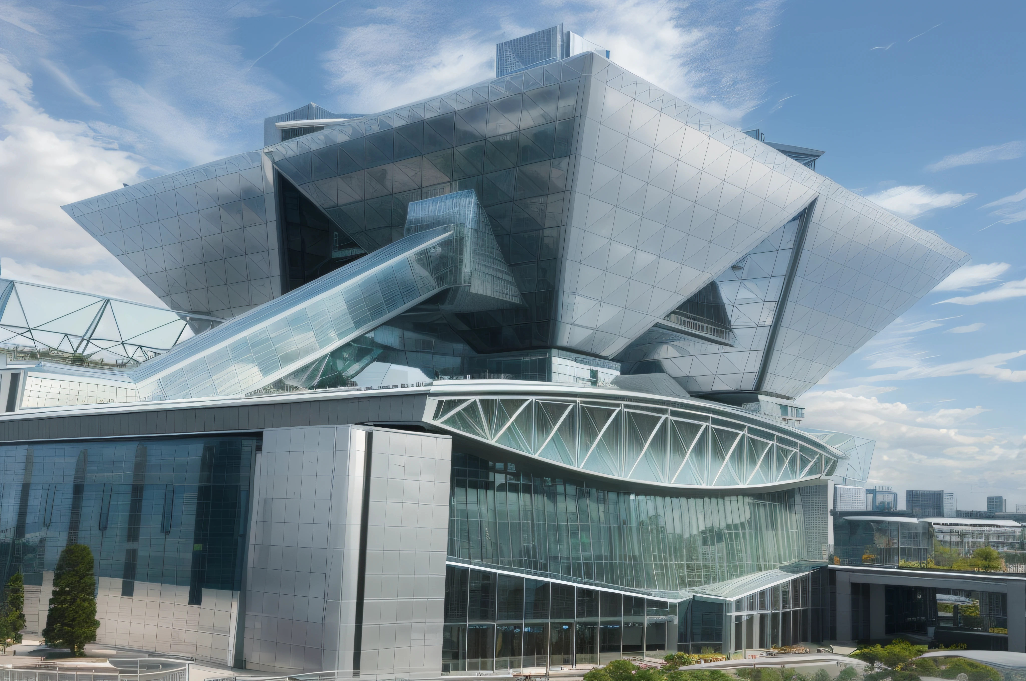 There is a large building with a glass roof and stairs, Huge futuristic building, the photo shows a large, modern technology building, futuristic building, Majestic and futuristic, Detailed futuristic architecture, sakimichan hdri, Futuristic high-tech architecture, Postmodern architecture, Futuristic utopian architecture, Geometric masterpieces, futuristic architecture, Museum of Modern Art, New York
