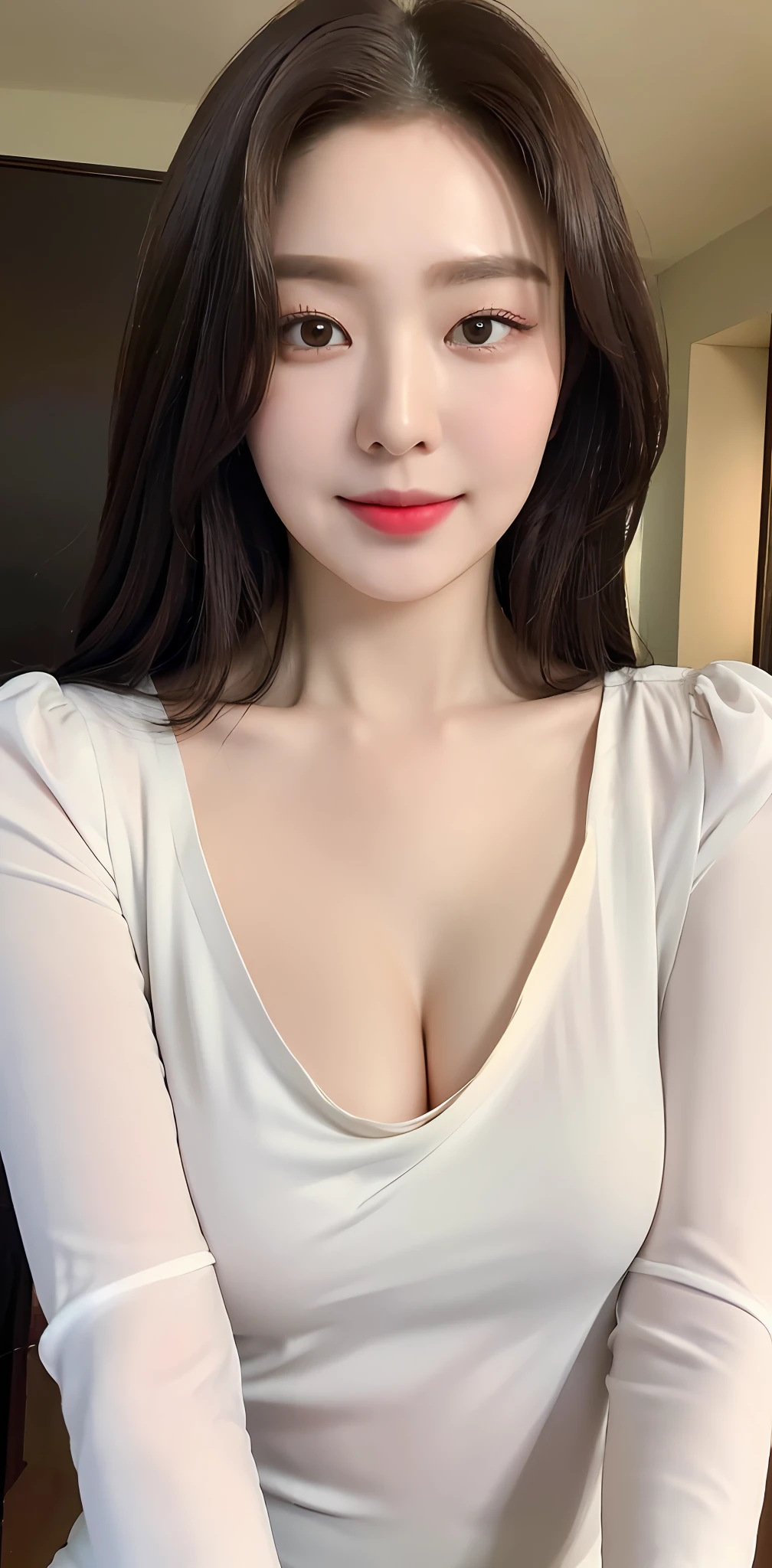 ((Best quality, 8k, Masterpiece :1.3)), 1girl, beautiful woman with emphasis on plump abs: 1.3, (dark brown hair, big breasts: 1.2), (white blouse, bent over :1.2), ultra-delicate face, delicate eyes, double eyelids, smile, home,