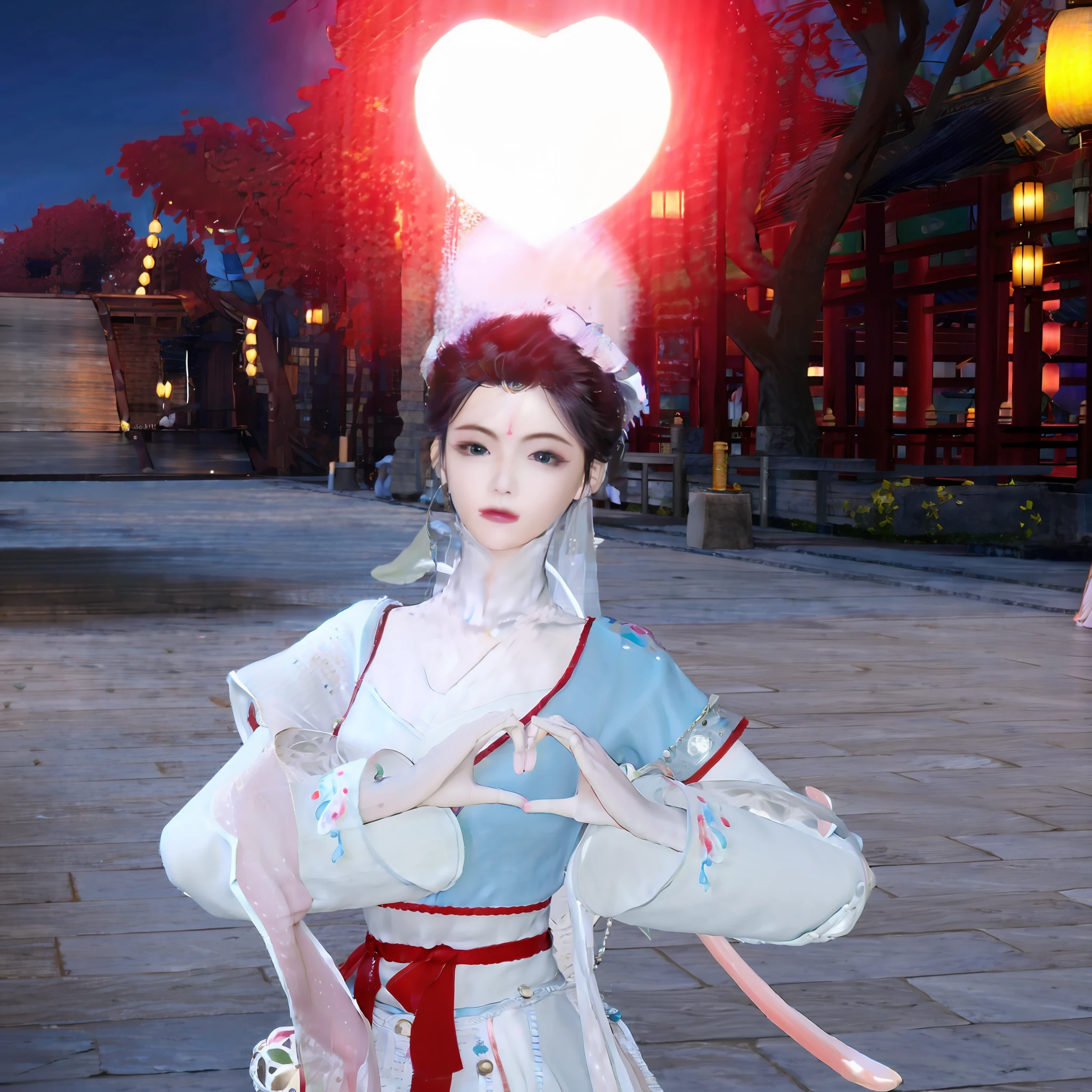 There was a woman wearing an aqua blue dress,A red light hangs over his head in the shape of a heart, Palace , The skin is delicate and smooth,Natural, realistic look,Delicate clothing details,A girl in Hanfu, inspired by Luo Mu, full-body xianxia, Chinese costume, lunar themed attire, White Hanfu, Inspired by Lan Ying, inspired by Park Hua, inspired by Li Mei-shu, Inspired by Qiu Ying, Inspired by Huang Ji