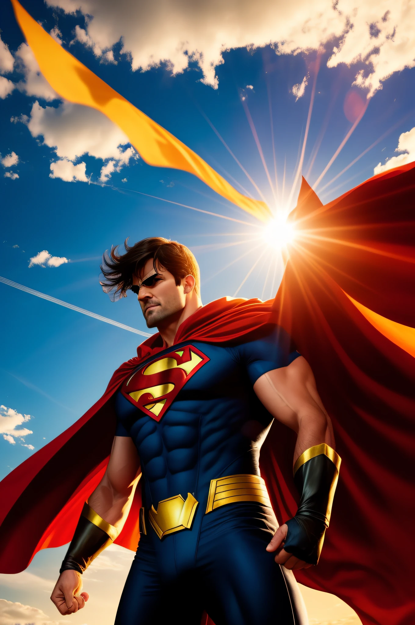 “A powerful superhero stands against the sun with his cape flying after defeating a supervillain”.