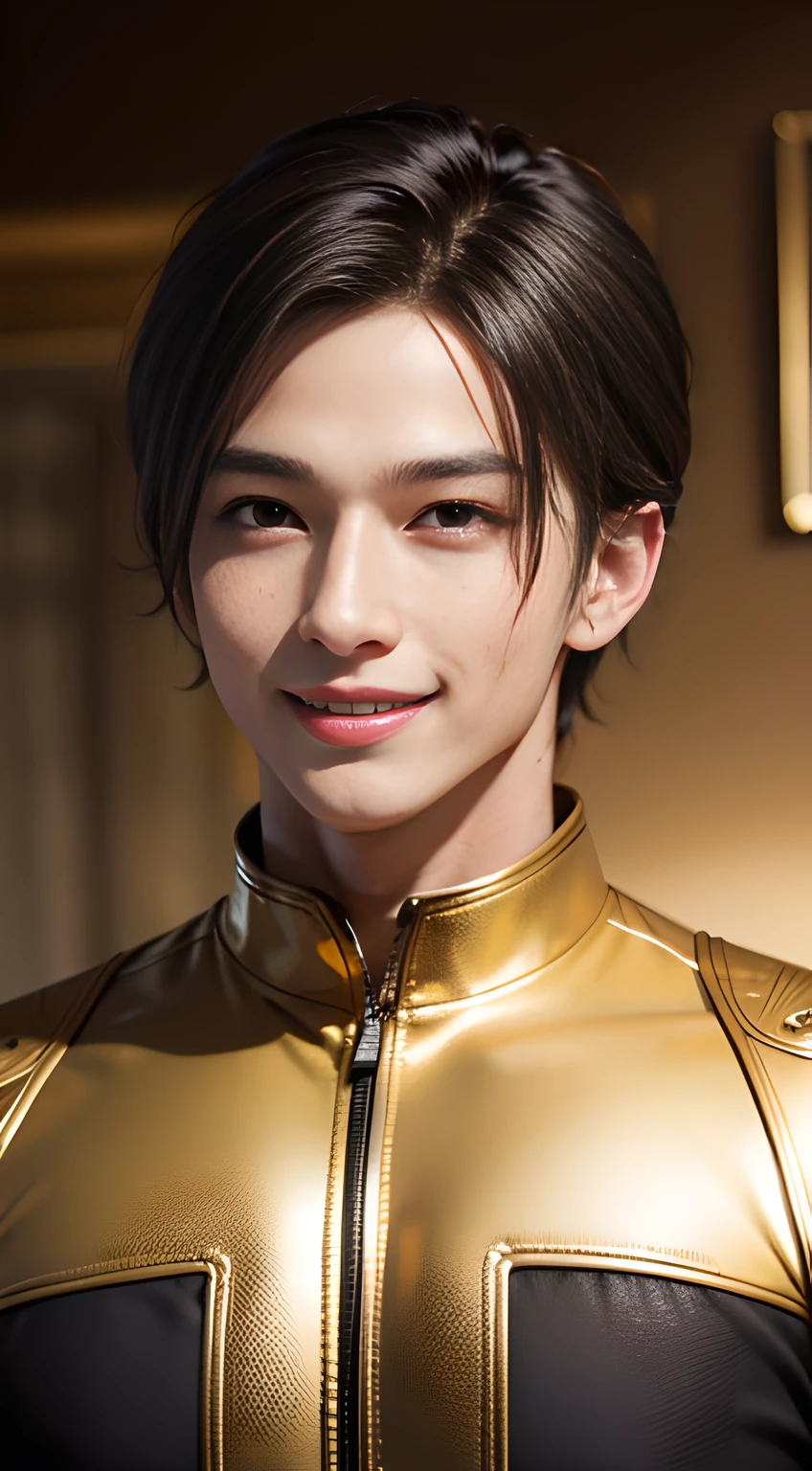 handsome young man in his 20s, gold hair, mischievous smile,