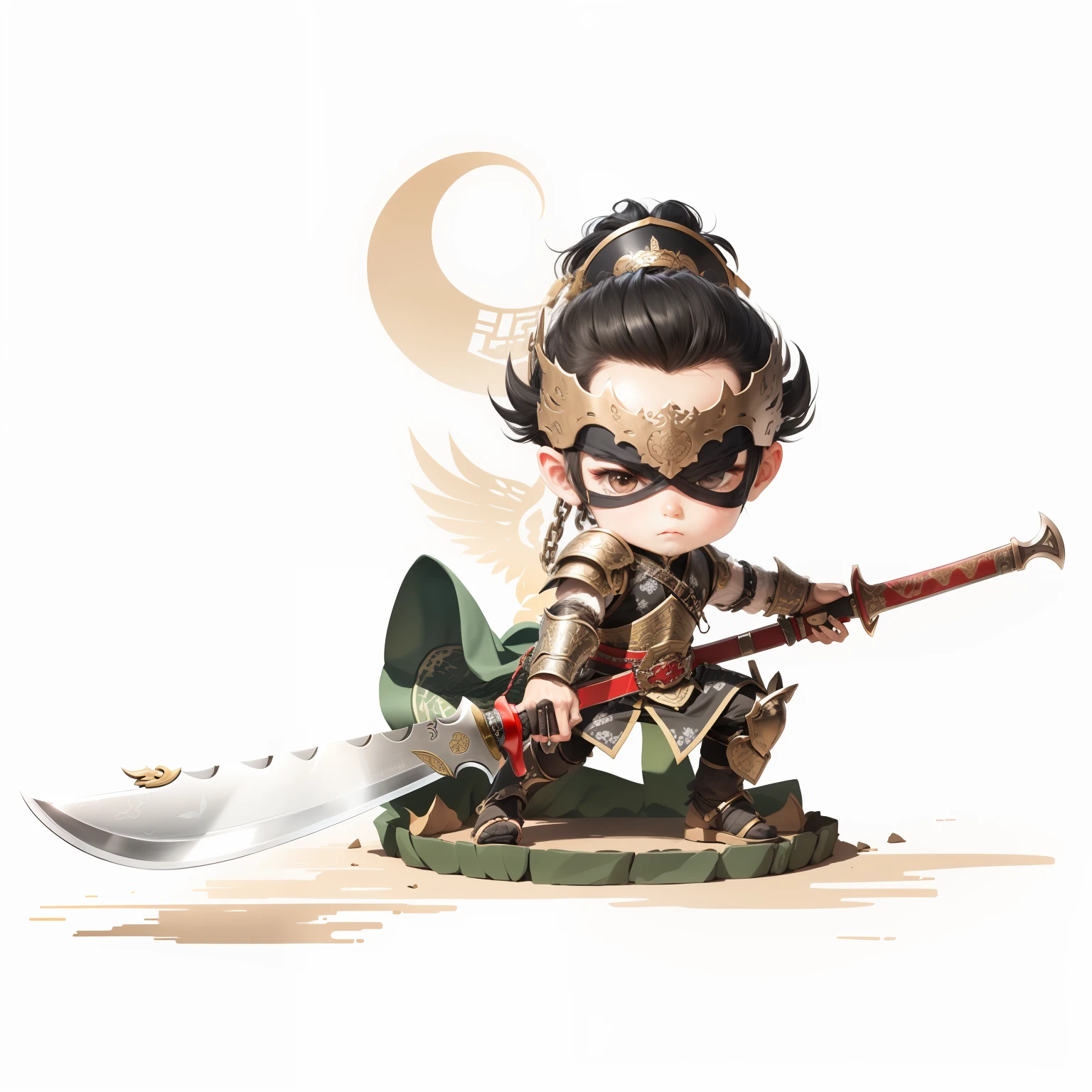 male people,Male characters,tchibi,Bad,Green Dragon Moon Knife,Big knife weapons,The handle has a delicate pattern,Flowing hem,Shoulder blades,metal breastplate,chainmail,Animal pattern cuirass,chest plate,Bracers,China-style,Chinese-style clothing,Chinese shoes,There are beautiful patterns on the weapon grips,Refinement,Fine painting,Refinement,infinite details,high definition detail,Delicate belt,Belt accessories,Male characters,Blindfolds,Black color hair,Patterned,Pattern,Blank background,Bright colors,Metal edging