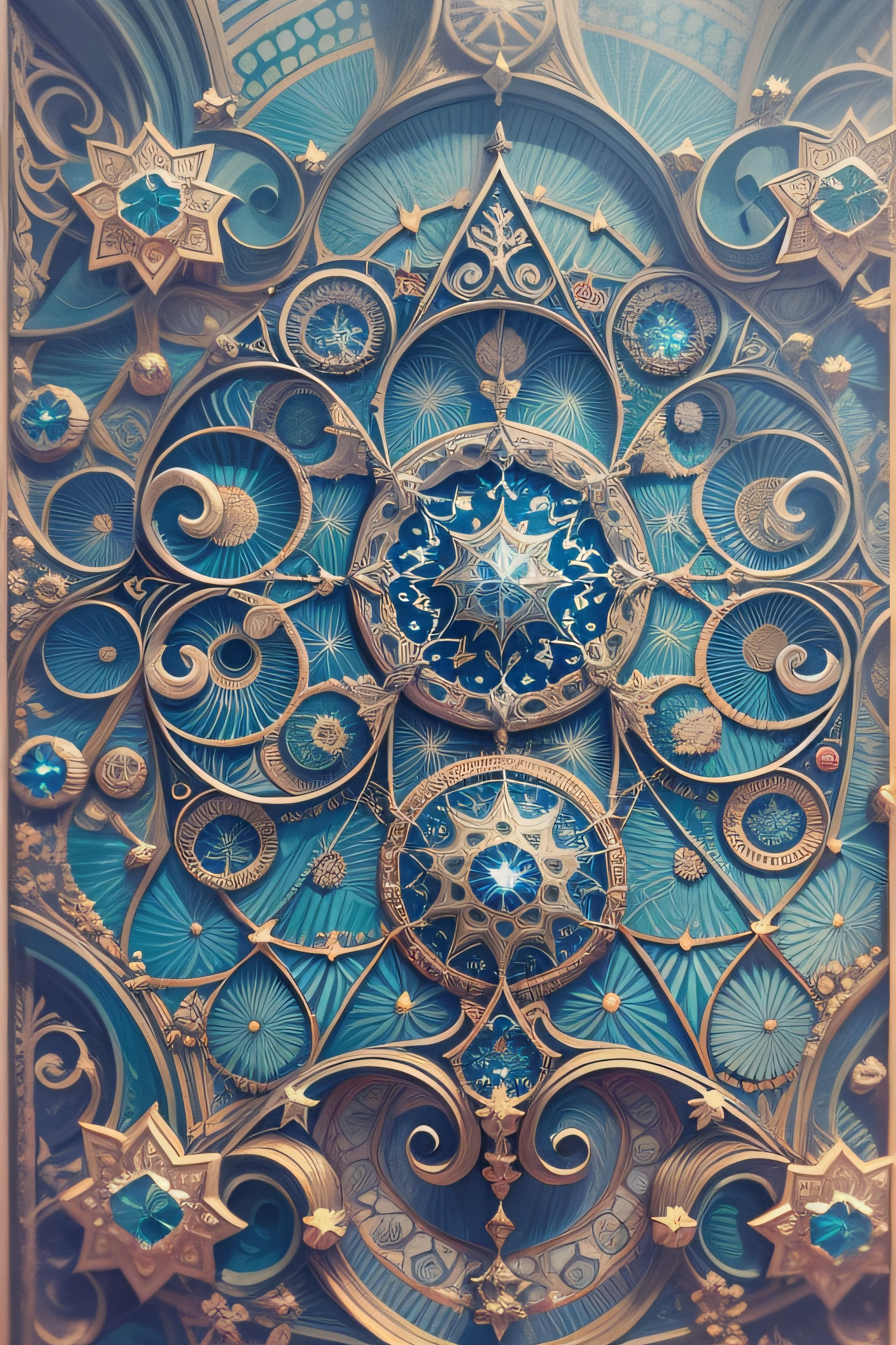 estrela de cinco pontas, magia, simetria, maths, renascentista, oil painting, 2d canvas, altamente detalhado, intricado, classic paint, blue monochromatic, cristal, ornamentado, circles, Gothic ornament, plano achatado