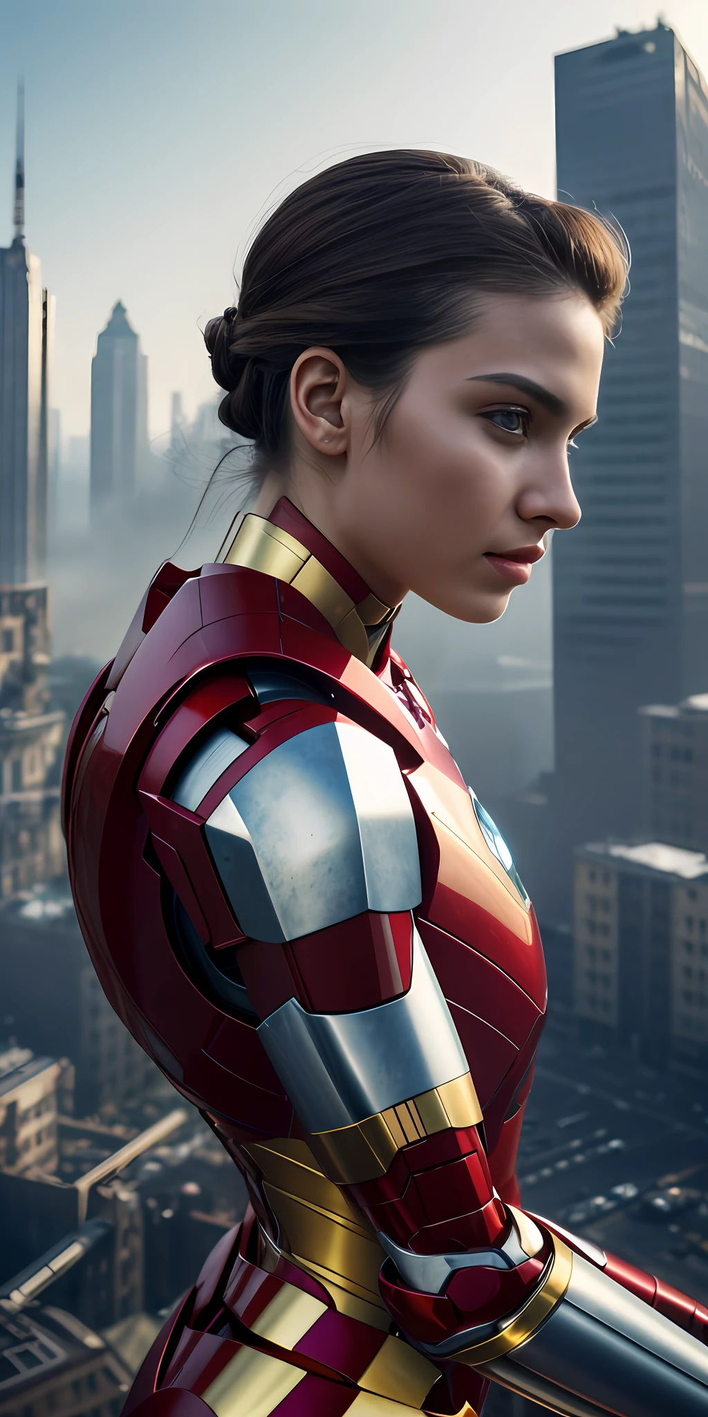 RAW, Masterpiece, Ultra Fine Photo,, Best Quality, Ultra High Resolution, Photorealistic, Sunlight, Full Body Portrait, Stunningly Beautiful,, Dynamic Poses, Delicate Face, Vibrant Eyes, (Side View) , she is wearing a futuristic Iron Man mech, red and gold color scheme, highly detailed abandoned warehouse background, detailed face, detailed and complex busy background, messy, gorgeous, milky white, high detailed skin, realistic skin details, visible pores , sharp focus, volumetric fog, 8k uhd, dslr camera, high quality, film grain, fair skin, photorealism, lomography, sprawling metropolis in futuristic dystopia, view from below, translucent
